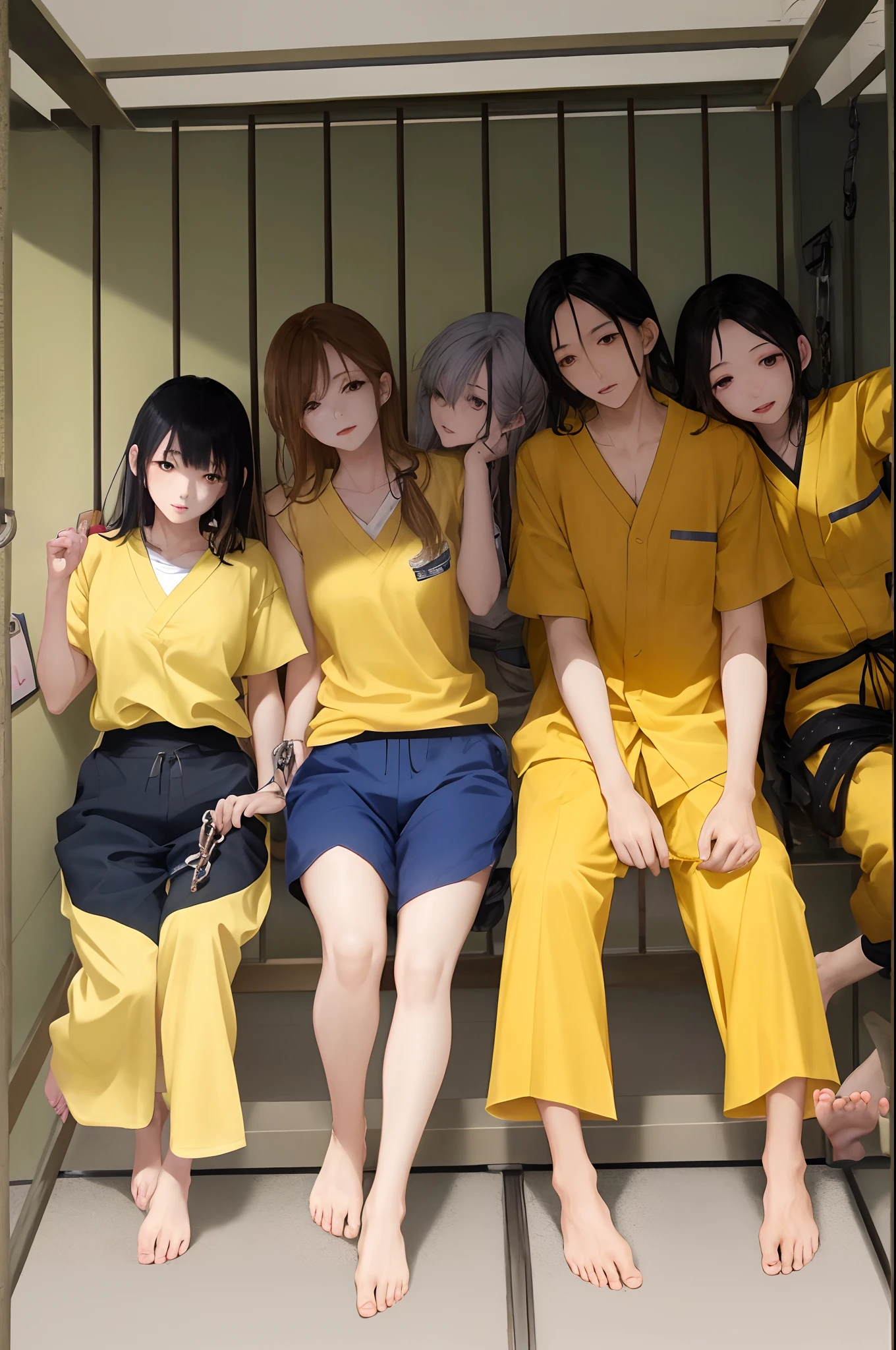 4 beautiful Japanese prisoners in yellow prison clothes，Yellow women's prisoner trousers，A beautiful Japanese prisoner with no shoes and bare feet and shackles，anime，Japan Beauty Criminal，Yellow prison clothes，Yellow long prisoner trousers，femele，weeping，bare-legged，Pretty beautiful prisoner，Japanese anime，4-person women's cell，Beautiful prisoner barefoot in shackles