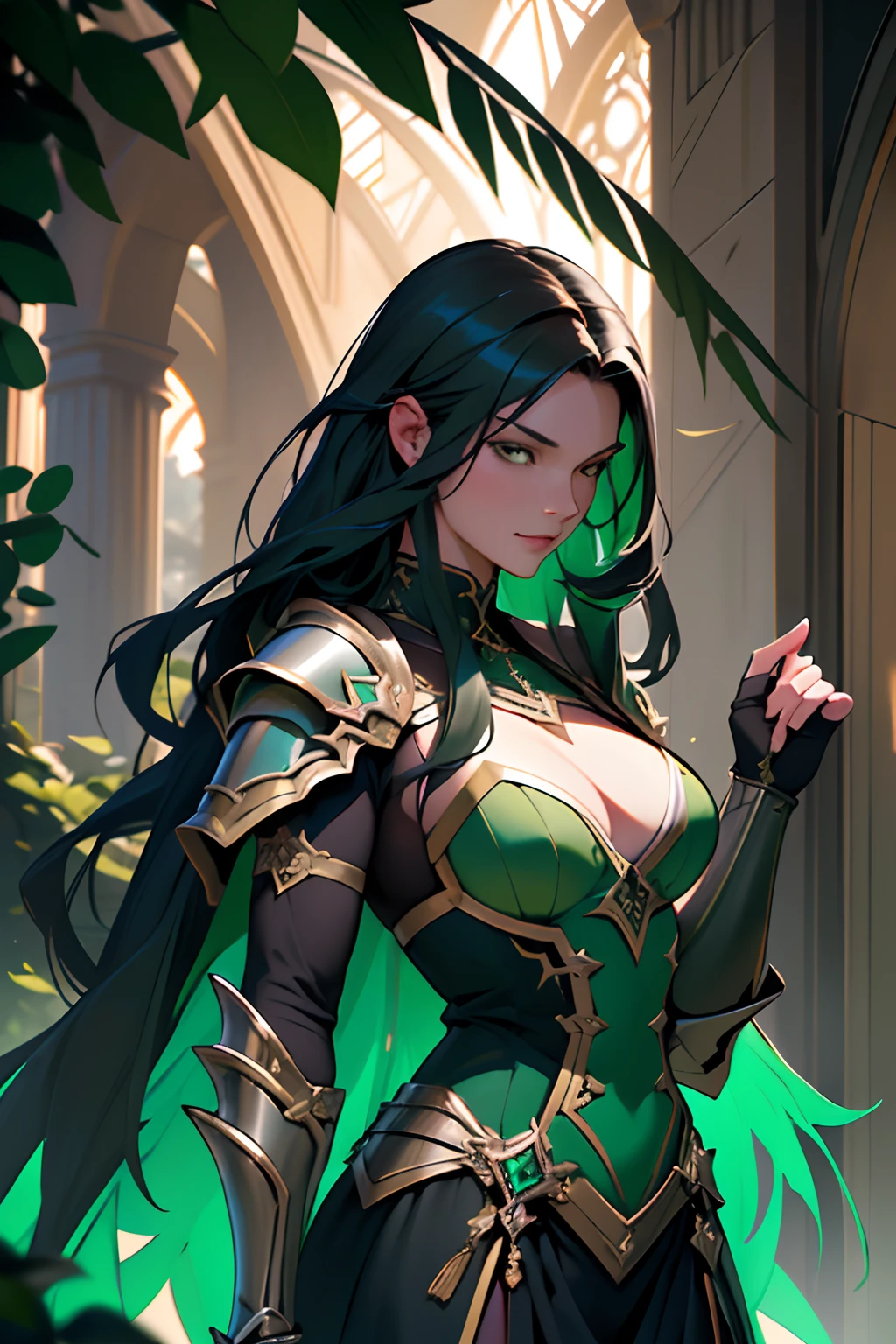 Best Quality, Masterpiece, The ultra-Highres,detailed background,realisitic,Solo,femele,mature,mature women,Dark green long hair, Straight hair, assassin,knight,rozen,Green Bull,poison\(theme\),dark fantasy,evil,Armor of Darkness,Depth of field, Background rose garden,