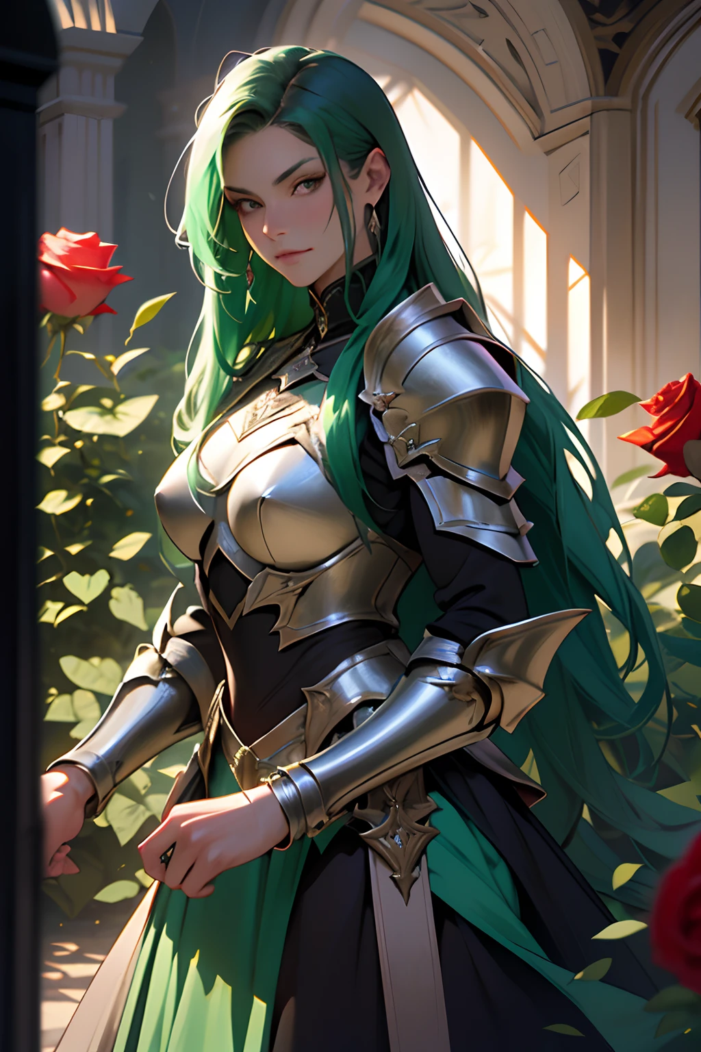 Best Quality, Masterpiece, The ultra-Highres,detailed background,realisitic,Solo,femele,mature,mature women,Dark green long hair, Straight hair, assassin,knight,rozen,Green Bull,poison\(theme\),dark fantasy,evil,Armor of Darkness,Depth of field, Background rose garden,