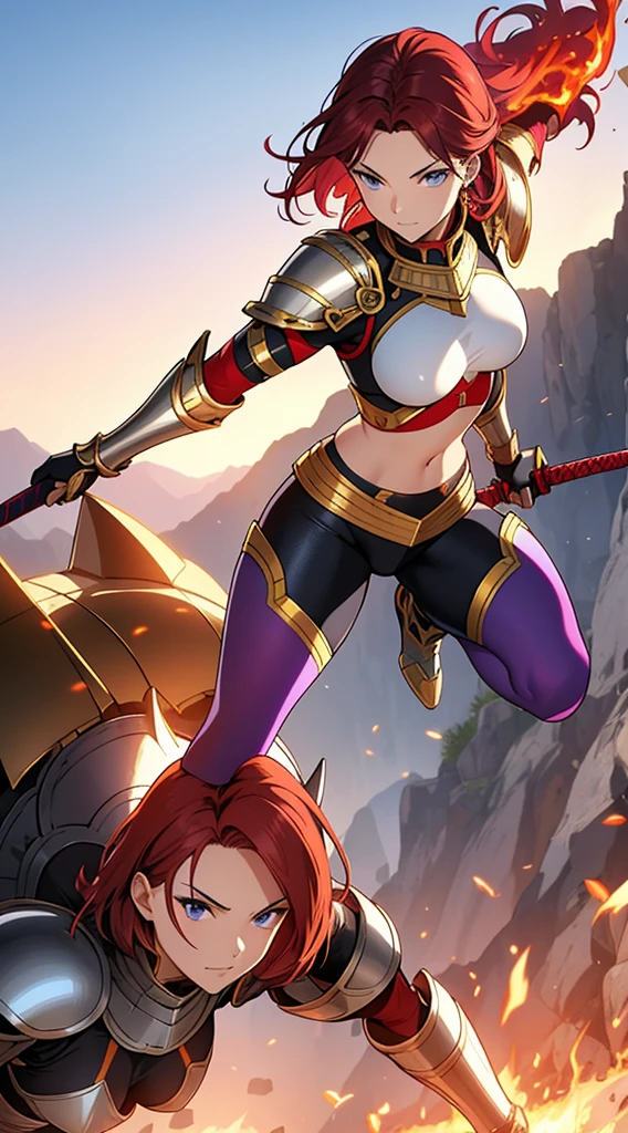 Women on a flaming mountain, dark red hair, white skin, short hair, light blue eyes, large breast, skin tight armor, purple armor, gold plating, armored leggings, holding a sword, smug, sexy, action pose, exposed belly button, armored, battle ready, legs are covered in armor, breast are covered, flaming hair