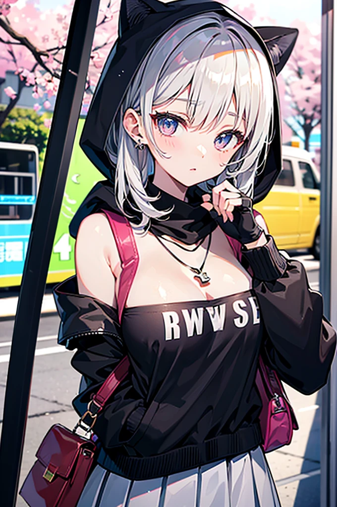 Proseca、Project Sekai Colorful Stage、At 25 o'clock night code、Yosaki、greyt hair、Long、Hair is shed、Gray eye、Quartz colored eyes、High school students、Mature、neck warmer、hoods、gloves、Gray hoodie、The shirt、Gray skirt、lowfers、a necklace、Shoulder bag、Cherry blossoms、shooting stars、tram、Seductive girl, 4K, 4K Konachan wallpapers,Anime art wallpaper 8k、Highly rated on pixiv、masterpiece、MKMKS Style、1 person、top-quality、超A high resolution
