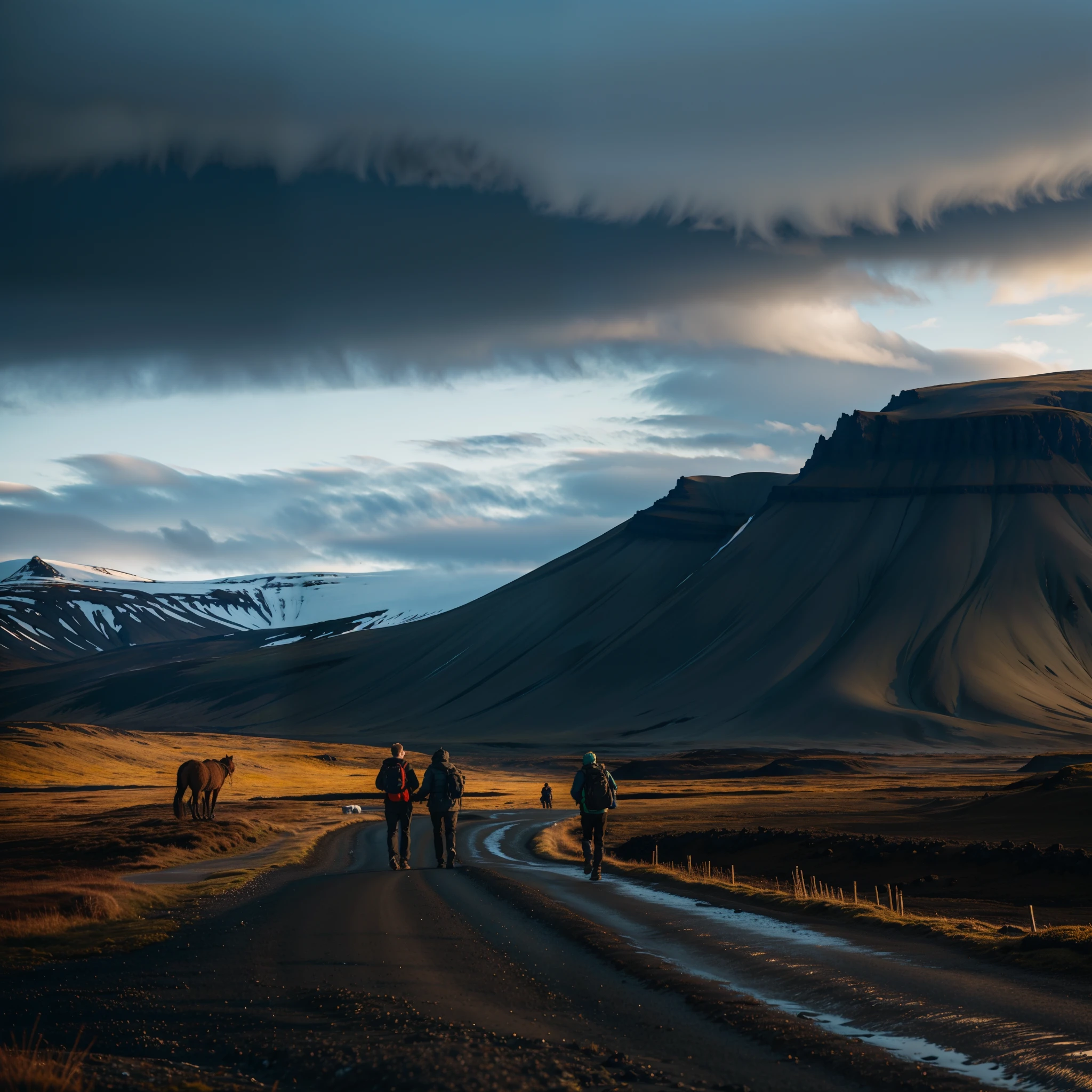 People are walking on a dirt road，The background is a mountain, iceland photography, iceland, iceland hills in the background, iceland landscape, hq 4k phone wallpaper, iceland landscape, by Þórarinn B. Þorláksson, People walk into the horizon, by Hallsteinn Sigurðsson, an icelandic landscape, iceland landscape photography