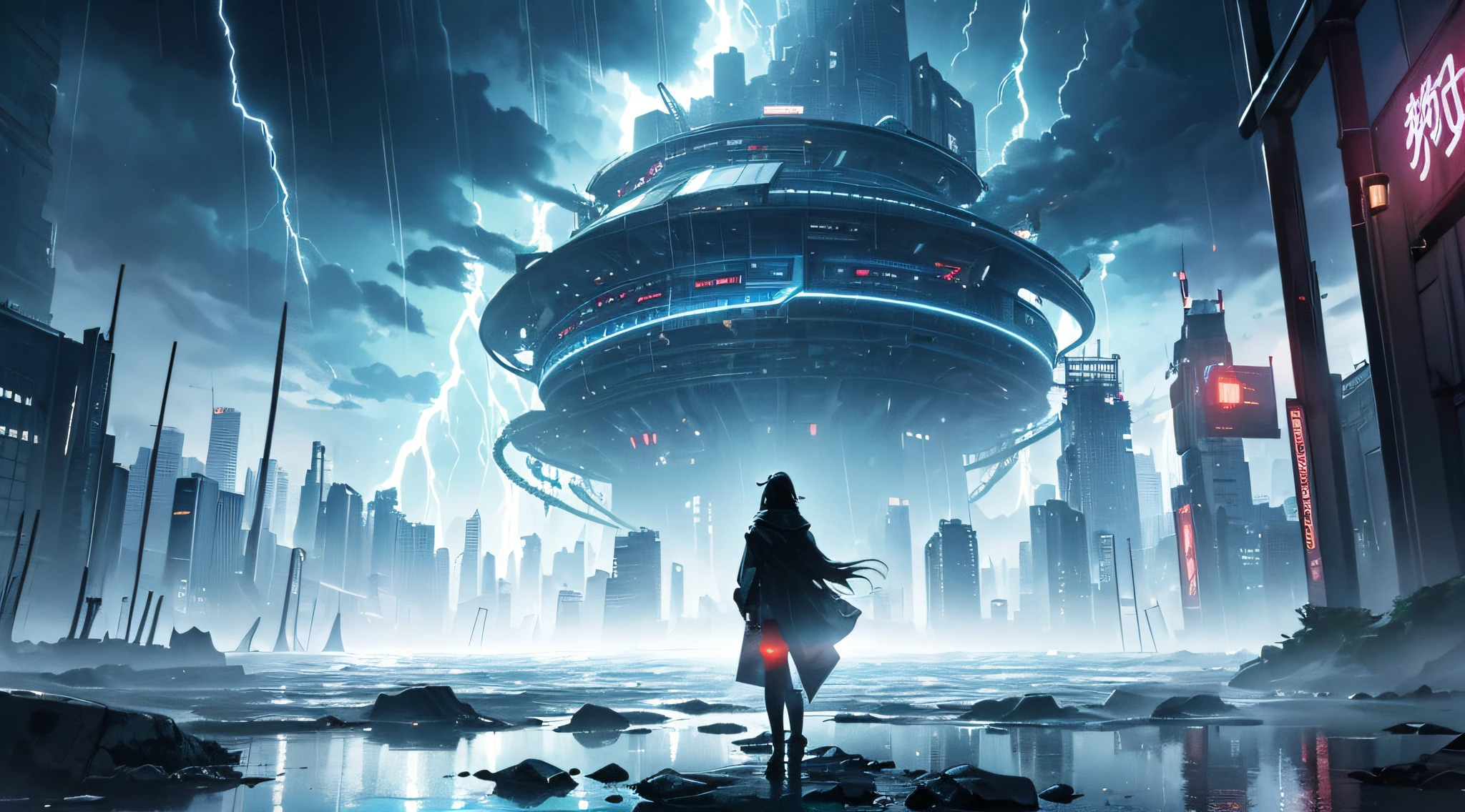 masterpiece、Background with((Fantastic Great Storm、Thunder plural、very heavy rain、dark))、Depth((Near Future City))、Looking up