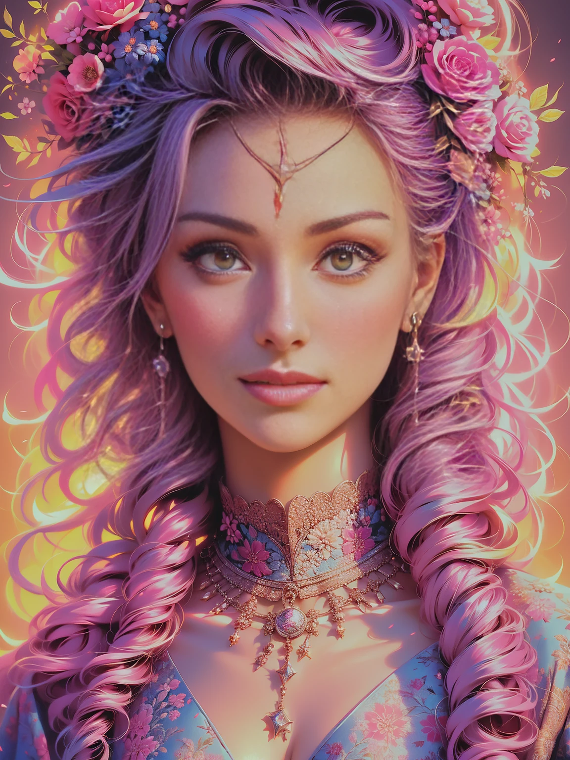 (best quality,ultra-detailed), realistic, portraits, soft lighting, floral background, vibrant colors