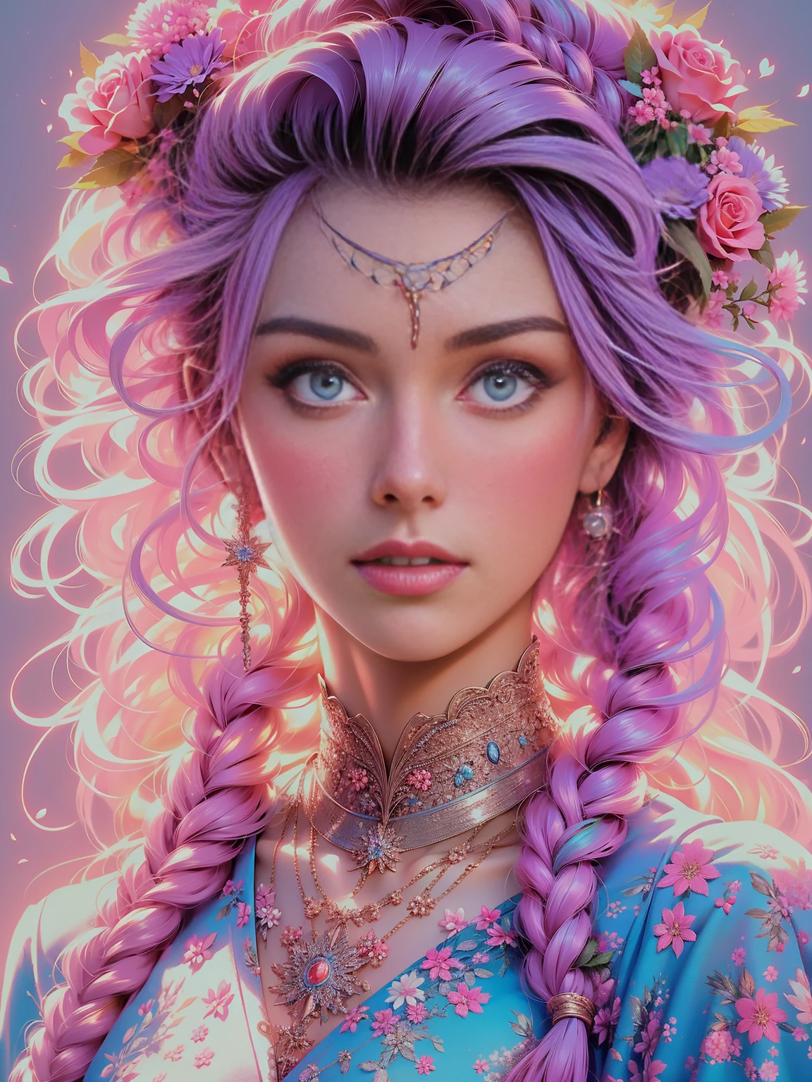 (best quality,ultra-detailed), realistic, portraits, soft lighting, floral background, vibrant colors