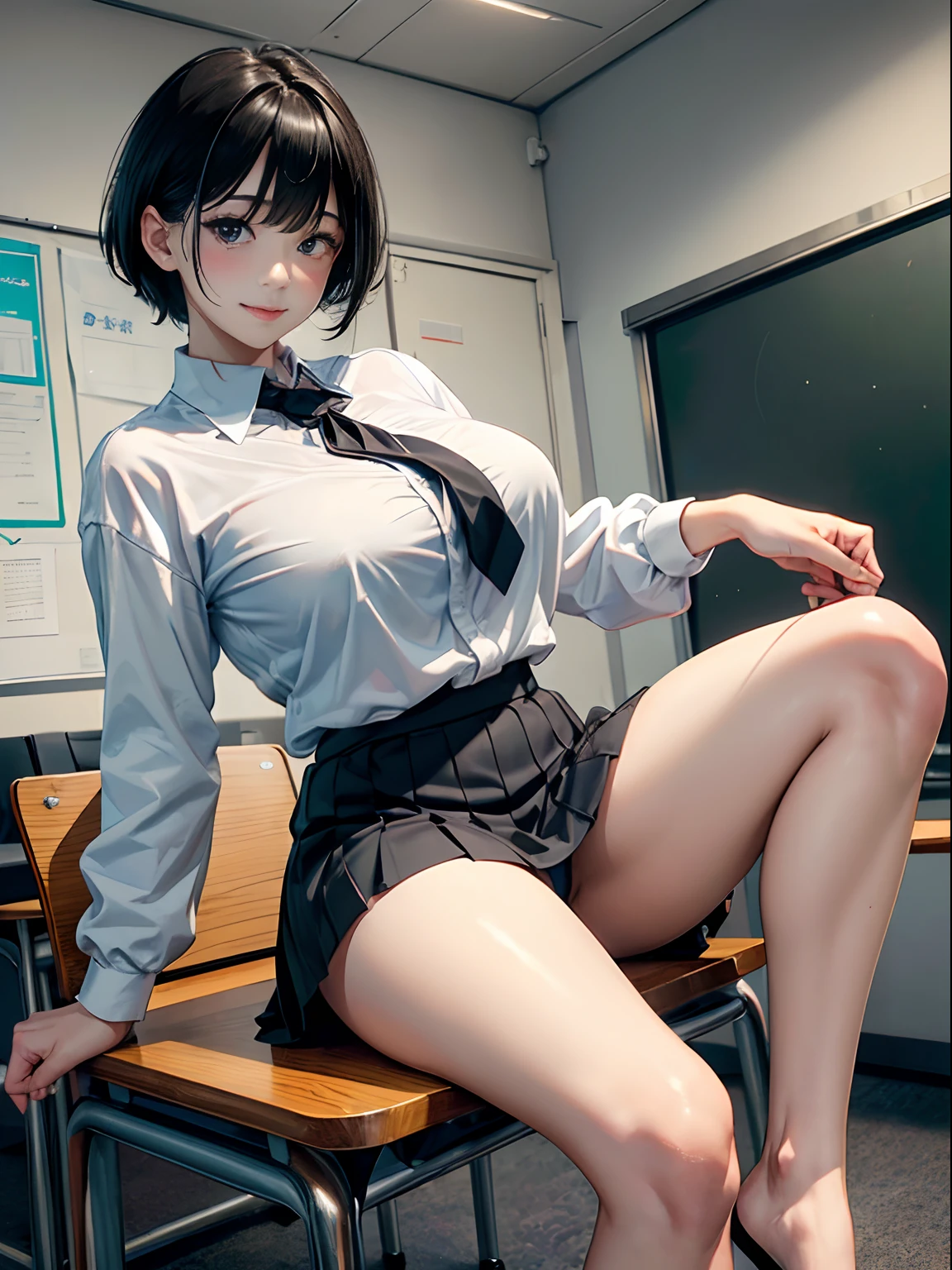 a 20 yo woman、(masterpiece:1.4)、(in 8K、realisitic、Raw photo、top-quality:1.4)、(Real Face:1.4)、(real looking skin:1.3)、超A high resolution、A hyper-realistic、Black eyes、black hair shorthair、耳环、White collared shirt、Dark blue pleated skirt、White underwear、(huge-breasted:1.5)、Blushing、alluring face、a smile、Pose while sitting on a chair、Classroom