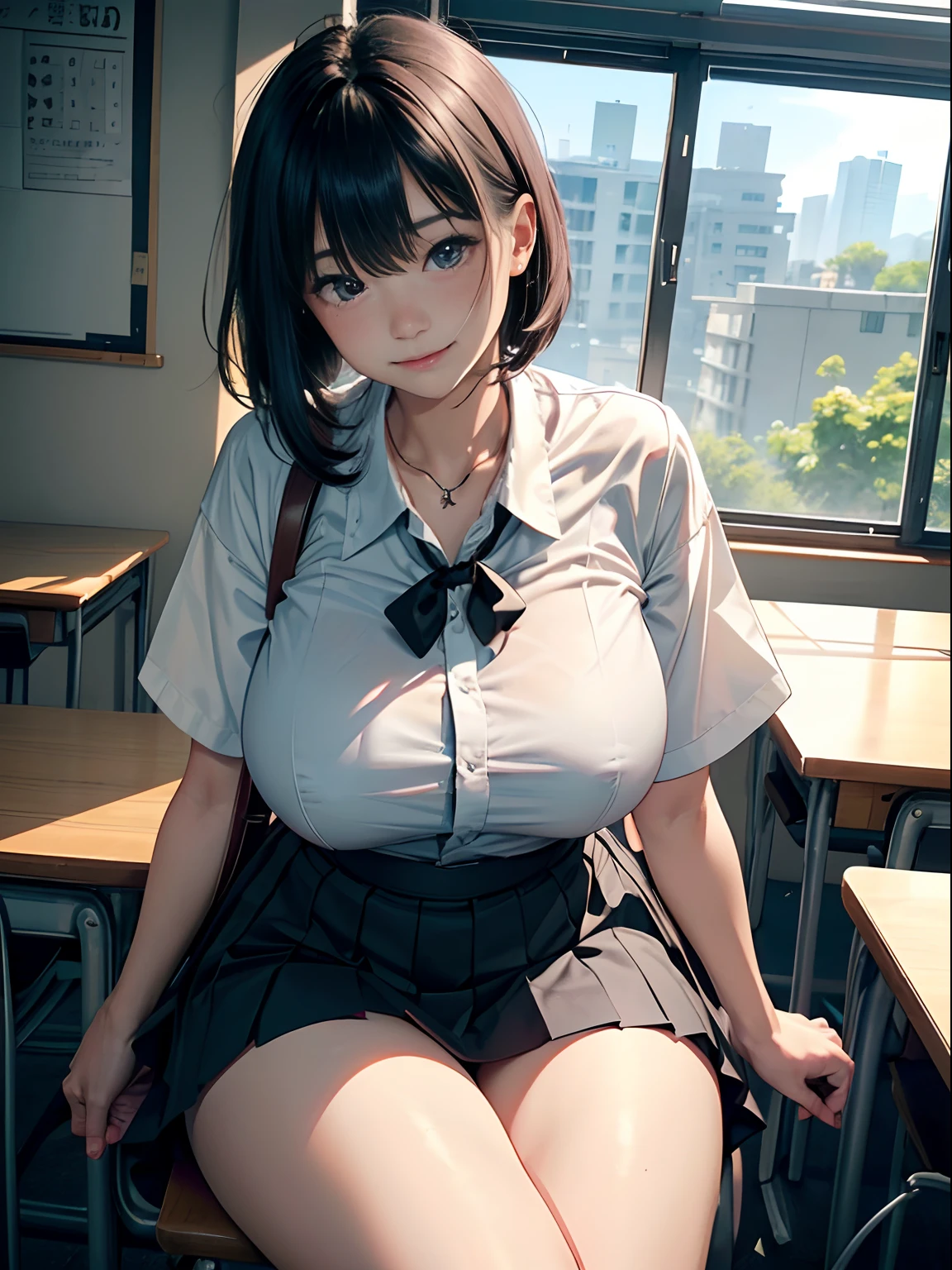 a 20 yo woman、(masterpiece:1.4)、(in 8K、realisitic、Raw photo、top-quality:1.4)、(Real Face:1.4)、(real looking skin:1.3)、超A high resolution、A hyper-realistic、Black eyes、black hair shorthair、耳环、White collared shirt、Dark blue pleated skirt、White underwear、(huge-breasted:1.5)、Blushing、alluring face、a smile、Pose while sitting on a chair、Classroom
