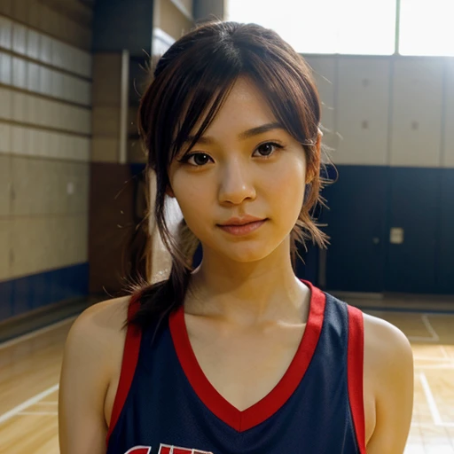 Volleyball Uniforms、woman、whole body、gym、Volleyball court、Brown Hair、(beauty)、smile、short hair、元気なsmile