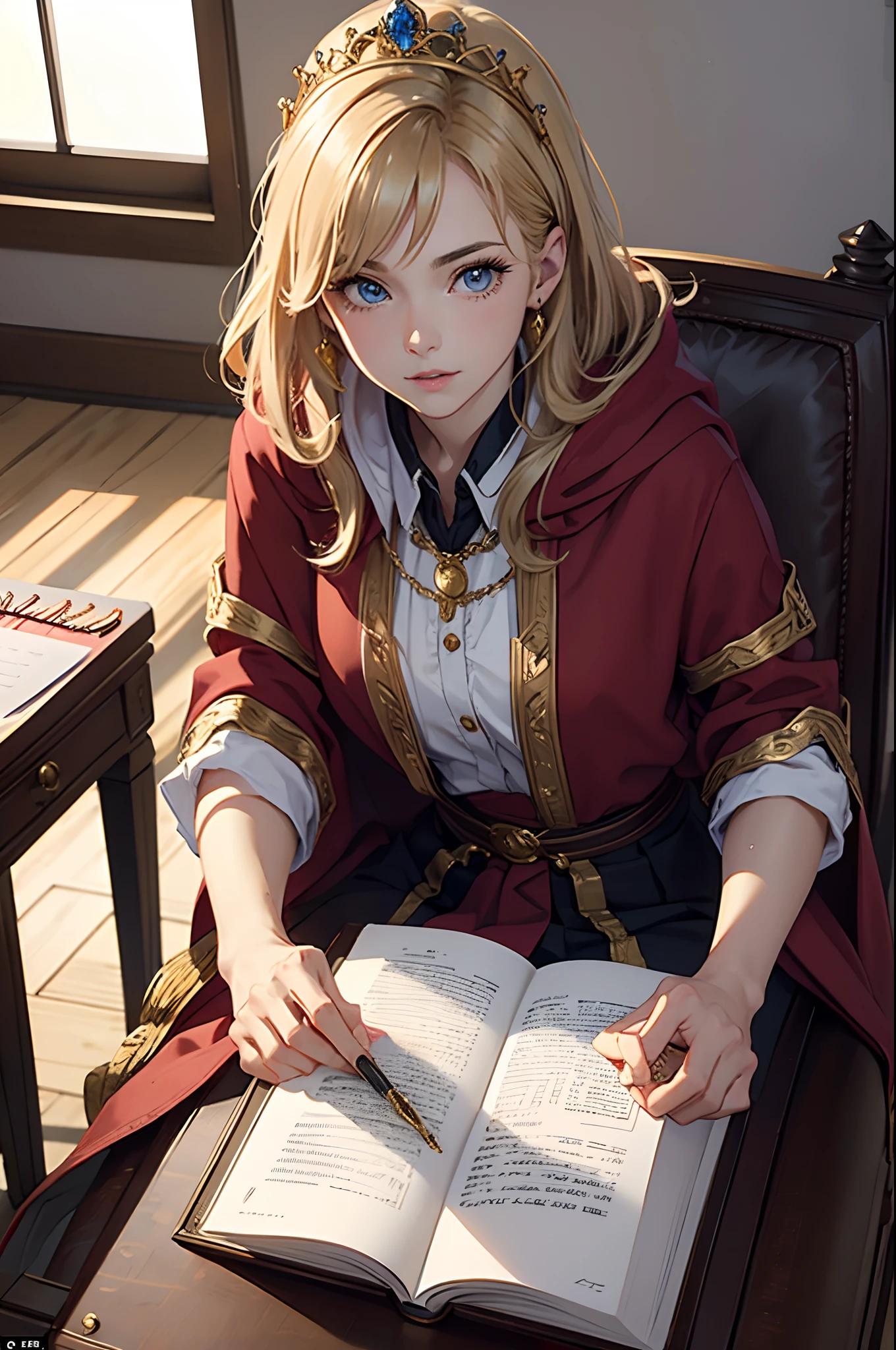 (Masterpiece: 1.2, Best quality), Realistic, (Realistic picture, Complex details, Depth of field), Best quality, Masterpiece, Highly detailed, Half realistic, 1 girl, Mature female, 21 years old, with short golden hair, The left eye is covered with hair, Blue eyes, The king's clothes, Red cloak, Slim figure, A crown made of precious gold, Read and mark up documents, quill, office desk, Soft bench,03