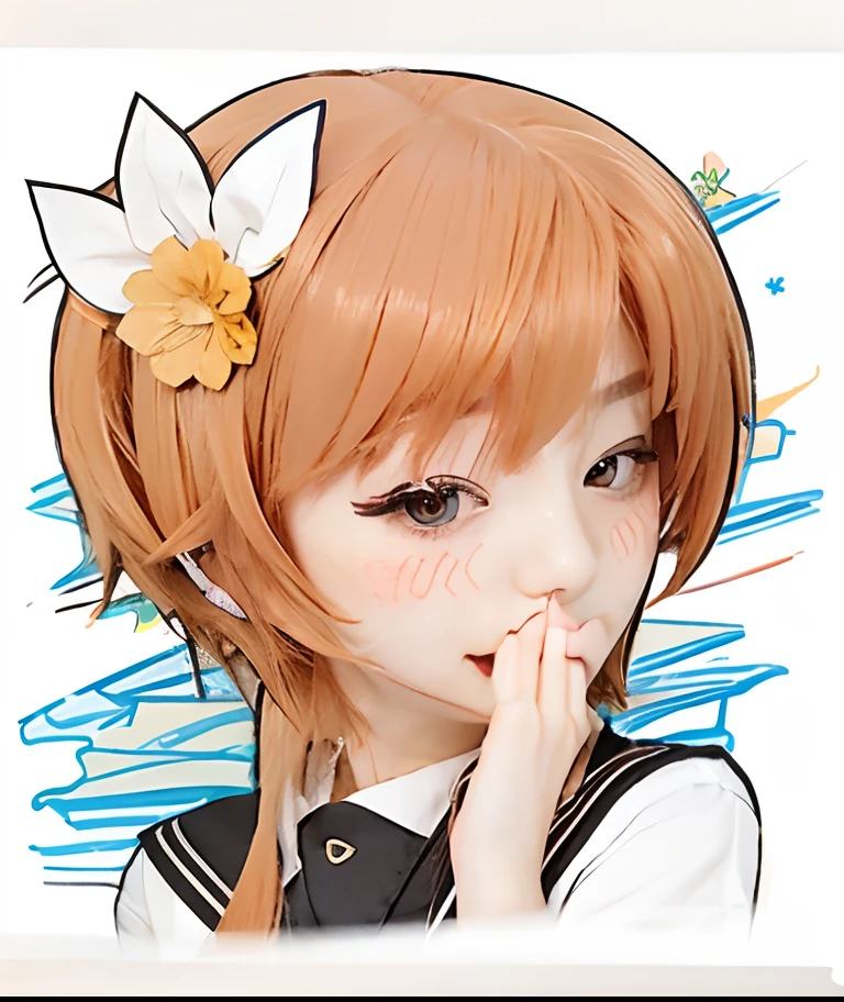1 cute girl with orange hair who flirts with Japanese high school attire