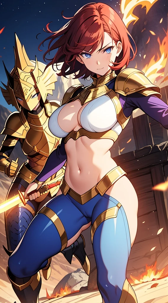 Women on a flaming mountain, dark red hair, white skin, short hair, light blue eyes, large breast, skin tight armor, purple armor, gold plating, armored leggings, holding a sword, smug, sexy, action pose, exposed belly button, armored, battle ready, legs are covered in armor, breast are covered, flaming hair