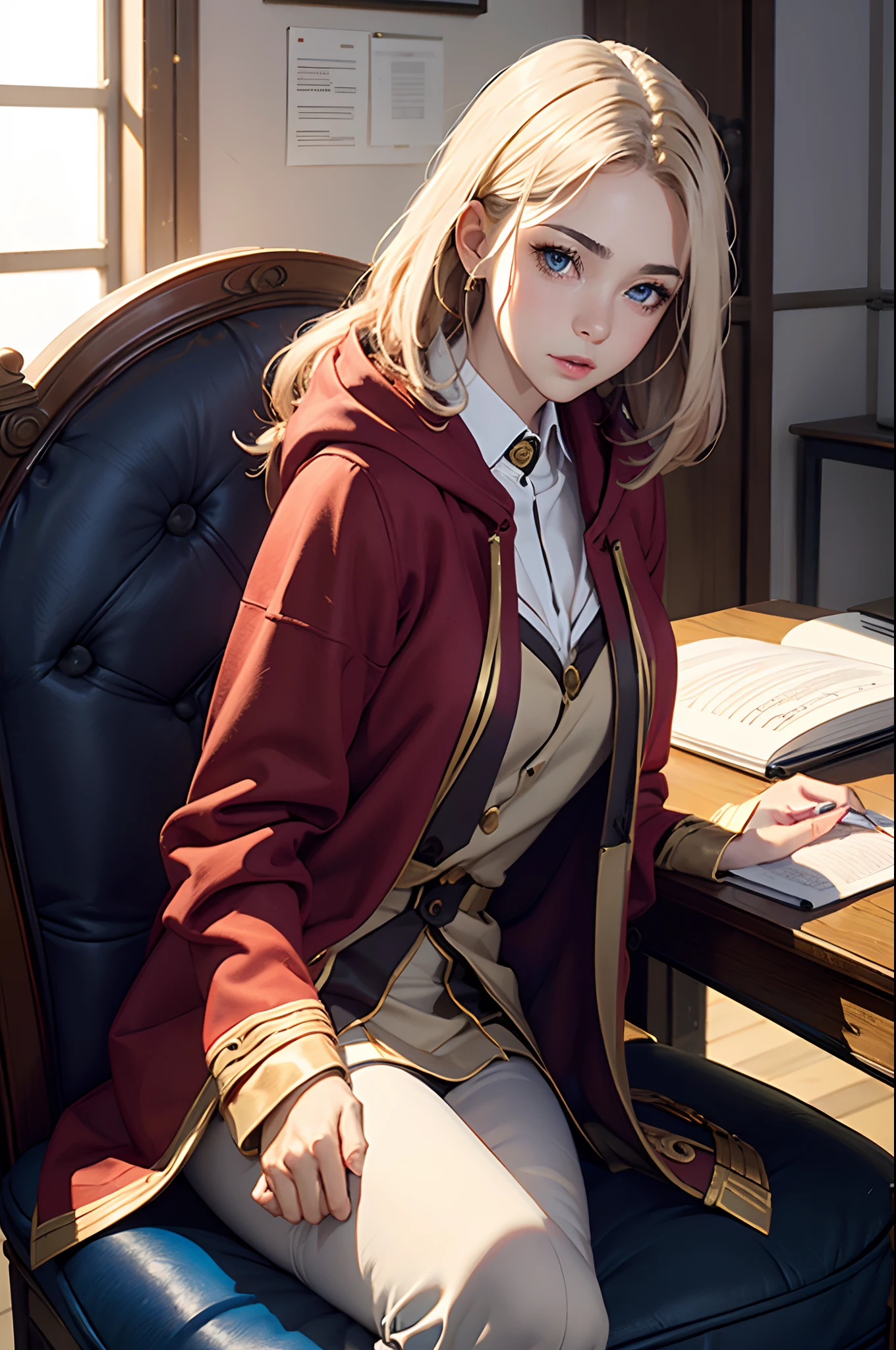 (Masterpiece: 1.2, Best quality), Realistic, (Realistic picture, Complex details, Depth of field), Best quality, Masterpiece, Highly detailed, Half realistic, 1 girl, Mature female, 21 years old, with short golden hair, The left eye is covered with hair, Blue eyes, The king's clothes, Red cloak, Slim figure, A crown made of precious gold, Read and mark up documents, quill, office desk, Soft bench，05