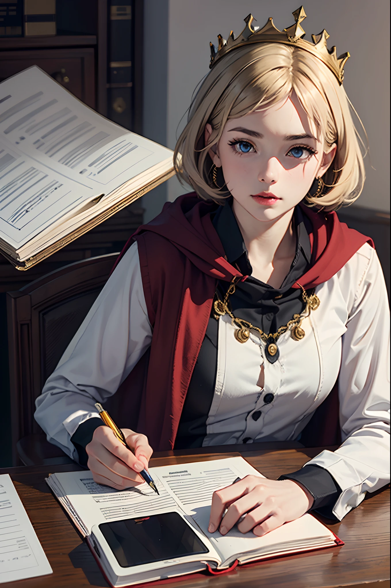 (Masterpiece: 1.2, Best quality), Realistic, (Realistic picture, Complex details, Depth of field), Best quality, Masterpiece, Highly detailed, Half realistic, 1 girl, Mature female, 21 years old, with short golden hair, The left eye is covered with hair, Blue eyes, The king's clothes, Red cloak, Slim figure, A crown made of precious gold, Read and mark up documents, quill, office desk, Soft bench，05