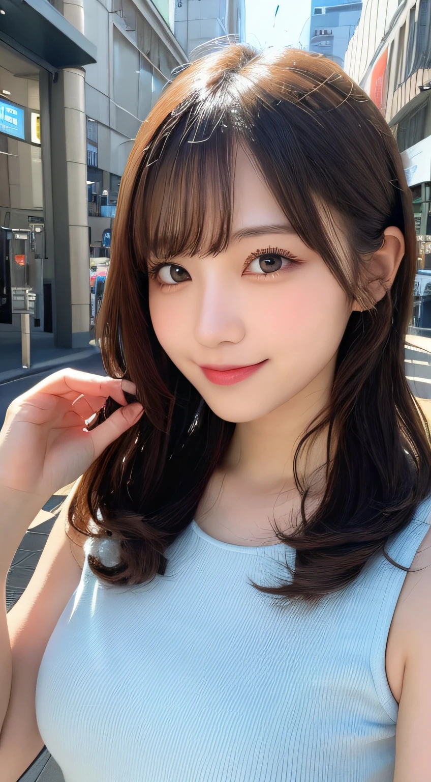 masutepiece, Best Quality, Illustration, Ultra-detailed, finely detail, hight resolution, 8K Wallpaper, Perfect dynamic composition, Beautiful detailed eyes, Light blue dress,Medium Hair, Small breasts, Natural Color Lip, Random and sexy poses,Smile,Tokyo Station、20 years girl