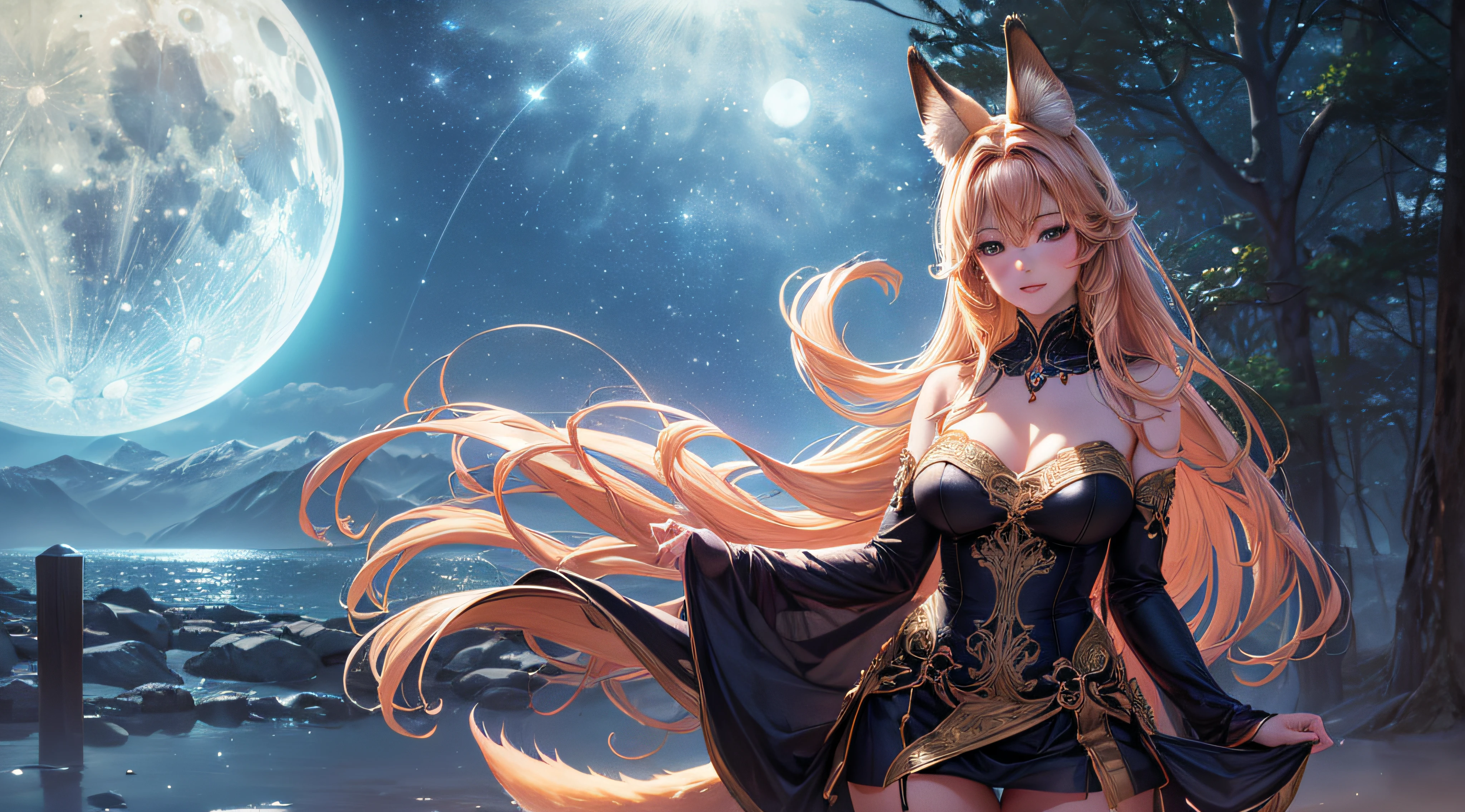 (best quality,32k resolution,highres,masterpiece:1.2),ultra-detailed,(realistic,photorealistic,photo-realistic:1.37),beautiful anthropomorphic fox as the girl next door, detailed face, light blush, thigh-highs, tight-fitting, amazing happy dreamer, full body portrait, Standing howling at a full moon, vibrant colors, warm lighting