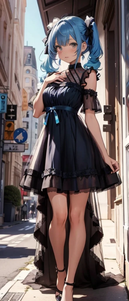 Sheer tulle dress,Full body photo,blue hair,pigtails,tmasterpiece