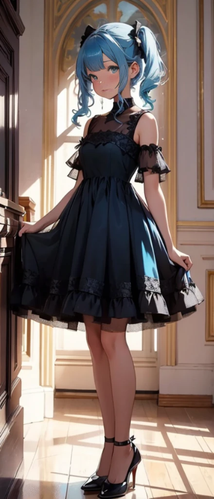 Sheer tulle dress,Full body photo,blue hair,pigtails,tmasterpiece