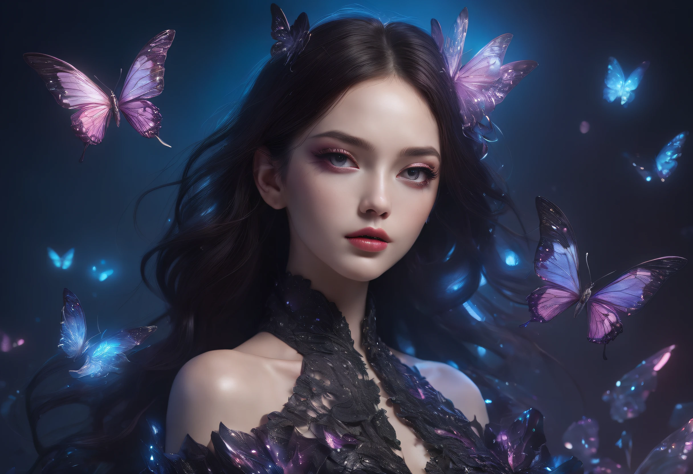 in 8K、masutepiece、top-quality、A hyper-realistic、Photorealsitic、Butterfly、Moonlight butterfly、A fantastical spectacle of a super-horde of countless lights flying through the pitch-black darkness、The supers of light dance fantastically while scattering glowing scales、Moonlight butterflies fluttering while releasing fantastic scales