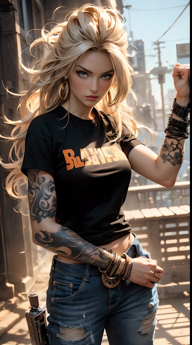 masterpiece, Cowboy shot, (1woman), (golden hairs), (Black tshirt:1.2), (beautiful blue eyes), (tribal tattoo on hands), White, Orange and Blue colors, Foggy background, Graceful pose, (looking at viewer), (front view), (from sky), (bokeh:1.2)