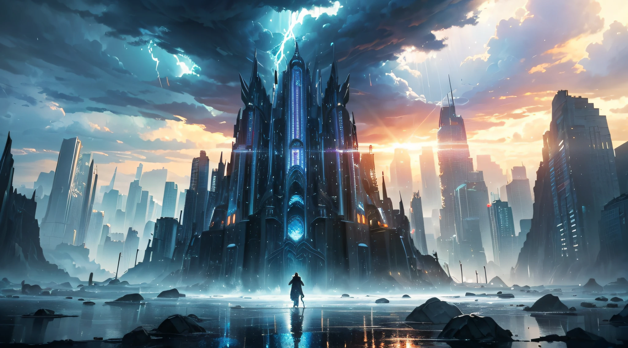 masterpiece、Background with((Fantastic Great Storm、Thunder plural、very heavy rain、dark、Sunlight is shining in))、Depth((Near Future City))、Looking up
