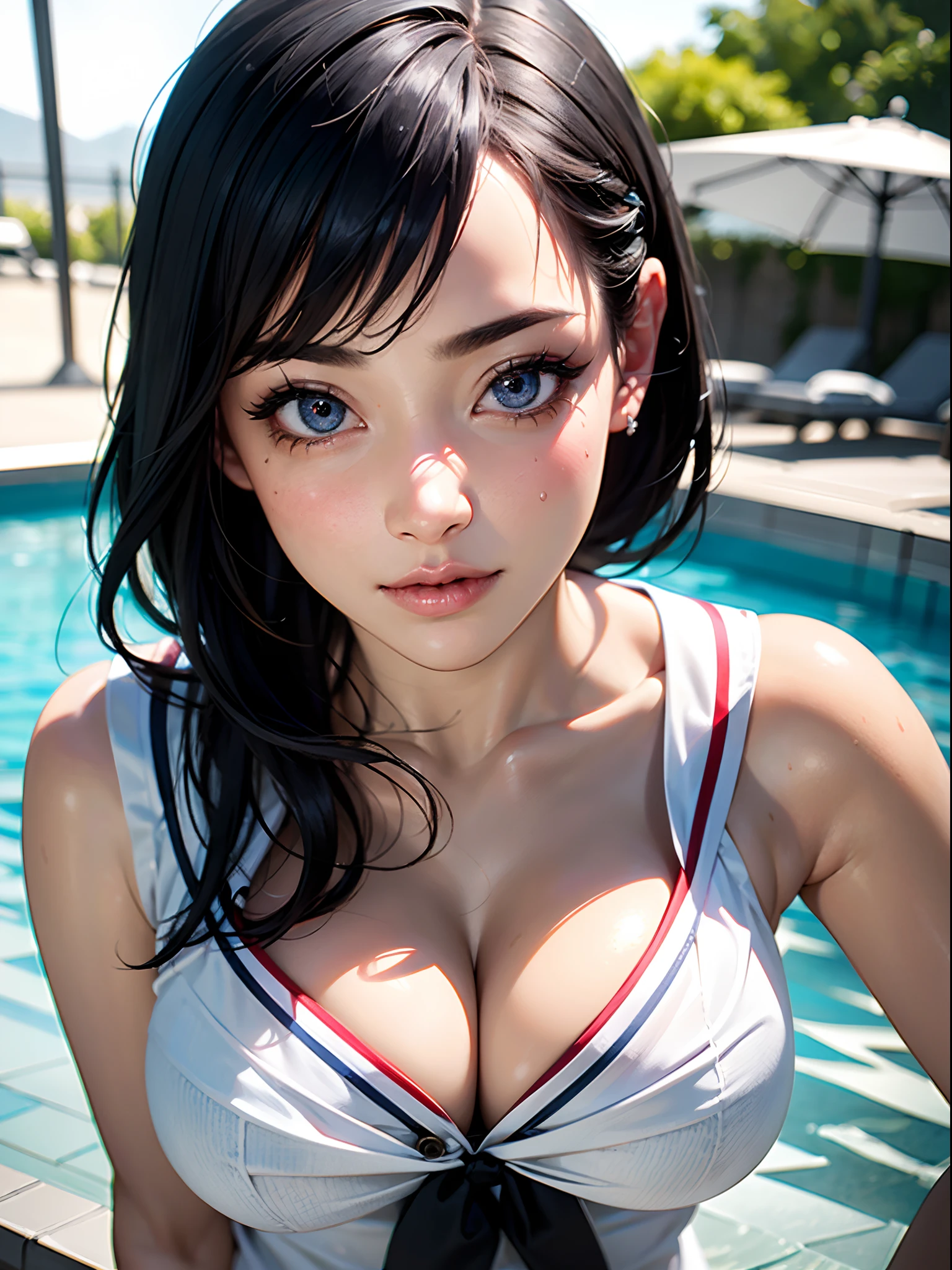 masterpiece, best quality, high quality, High definition, High quality texture, High quality shadow, high detail, beautiful detailed, finely detailed, extremely detailed cg, detailed texture, a realistic representation of the face, realistic, colorful, delicate, Cinematic Light, Ray tracing, sharp focus, (intricate details, makeup, PureErosFace_V1:0.5), (detailed beautiful delicate face, detailed beautiful delicate eyes, a face of perfect proportion, high detailed skin, detailed skin, best ratio four finger and one thumb, upper body, navel, (large breasts), (cleavage), ((Smooth texture, Realistic texture, Photorealistic)), (Detailed beautiful eyes, Beautiful eyelashes, emerald eyes), medium hair, 1 girl, at poolside, ((( transparent white sailor shirt, Sleeveless, Open front))), (Beautiful face, Cute face, Detailed face), (((Sunny))), Perfect Eyes Eyes