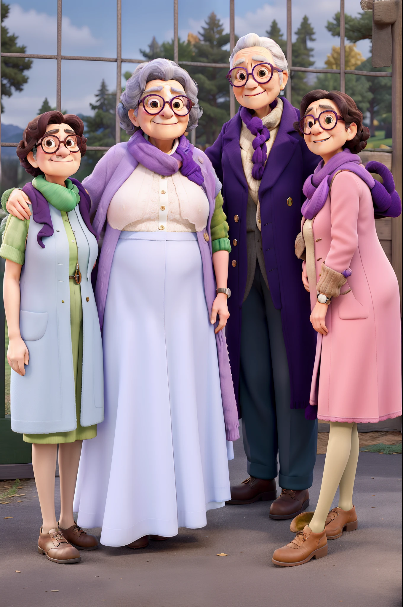 masterpiece, best quality, an old woman with glasses and a scarf on, wearing a purple coat and green scarf, standing at the park
