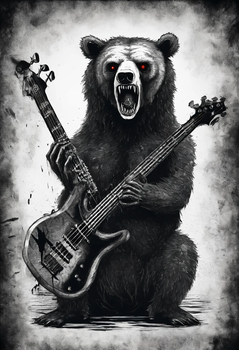 BEAR SCREAMING INK HOLDING A BASS GUITAR ILLUSTRATION TIM BURTON STYLE