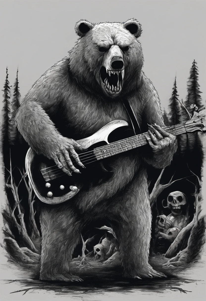 BEAR SCREAMING INK HOLDING A BASS GUITAR ILLUSTRATION TIM BURTON STYLE
