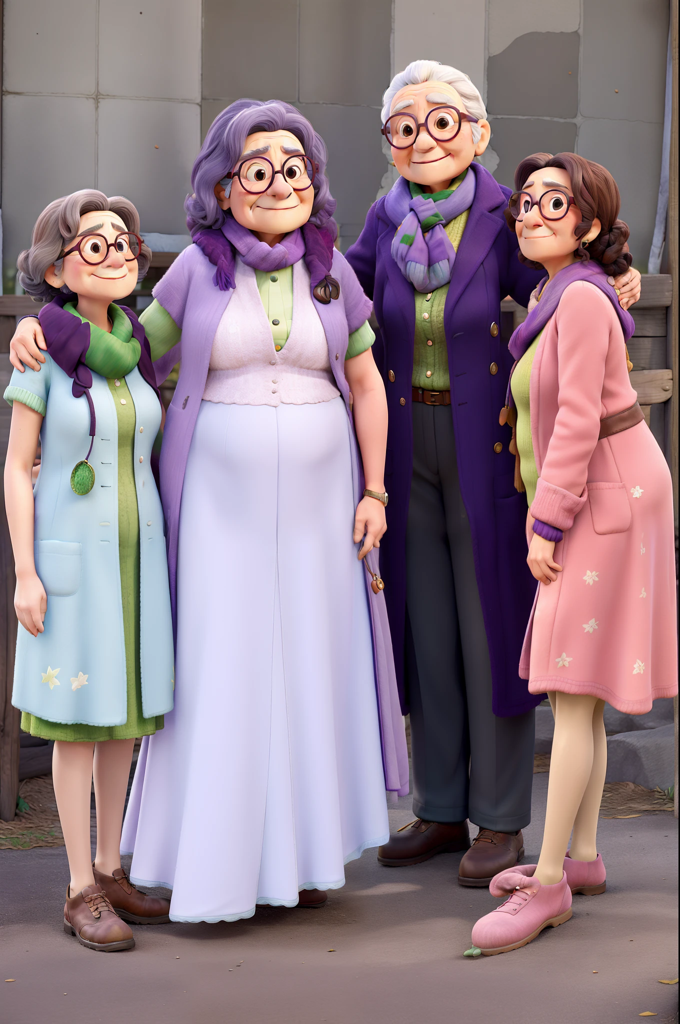 masterpiece, best quality, an old woman with glasses and a scarf on, wearing a purple coat and green scarf, standing at the park