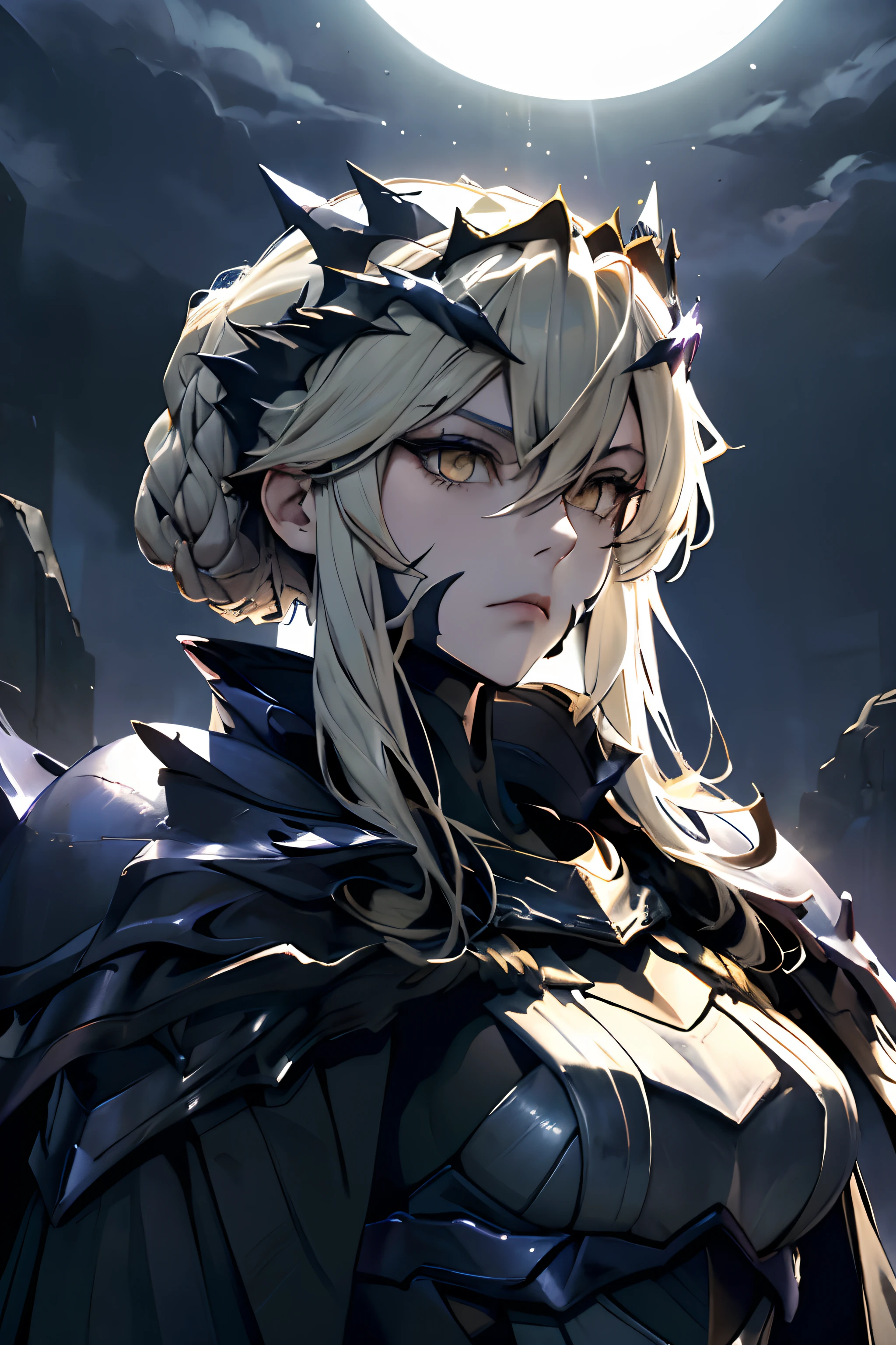 solo, (best quality,highres:1.2),detailed portrait,dark and mysterious,Arturia Pendragon from Fate/Grand Order, LancerAlter,glowing yelow eyes,flowing hair,armor,crown of thorns,moonlit background,dramatic lighting,sacred aura, Artorias, dark black and red armor