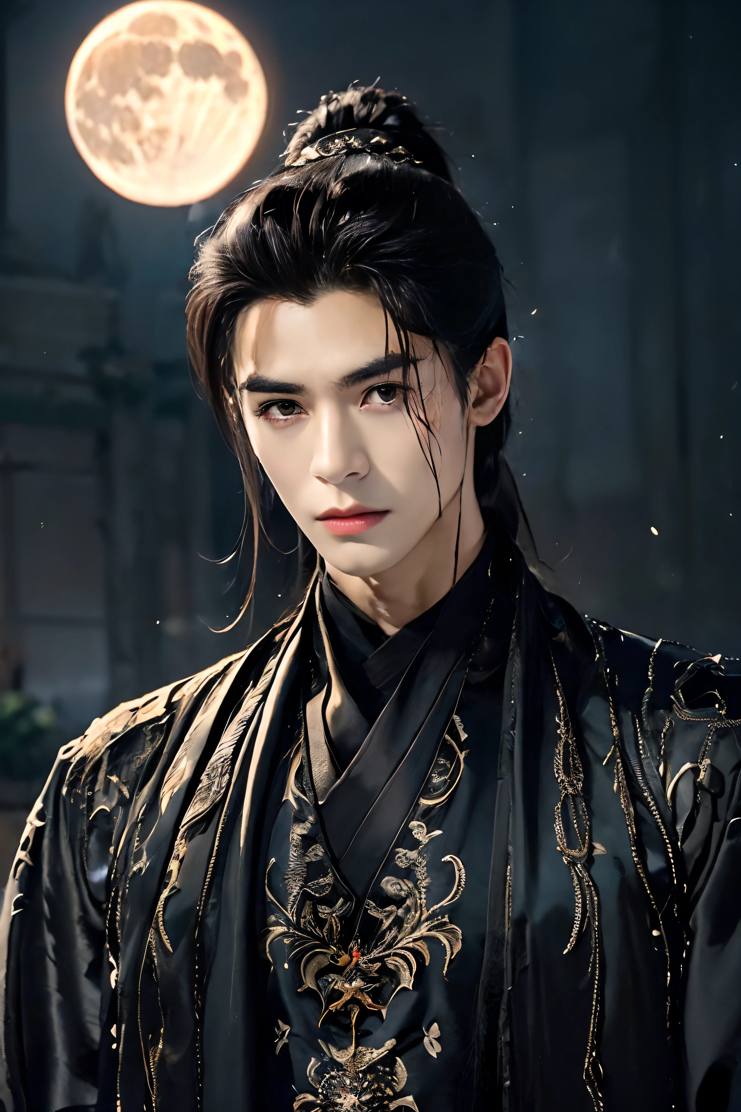 A 21-year-old Asian man，Thick eyebrows，Melon seed face，Handsome face，Men's full body ，A transparent streamer is tied to the body and flutters in the wind，mountain in background, Time is night。Deep blue sky，A full moon，his skin is fair，He is slender,  The limbs have pronounced muscle lines，high-definition photography，Real-world scenarios，perfect eyes, perfect skin, perfect hands, Lots of detail, wearing black long coat, black long pants, black turtleneck shirt, lightning, magic, messy long hair, ponytail, looking into the distance, devilish gaze at viewer, cool and seductive, standing on the top of the mountain, wind blowing, ((black dragon in background))