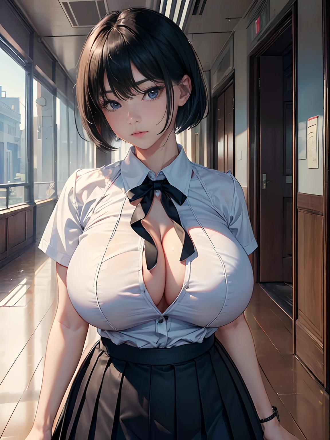 a 20 yo woman、(masterpiece:1.4)、(in 8K、realisitic、Raw photo、top-quality:1.4)、(Real Face:1.4)、(real looking skin:1.3)、超A high resolution、A hyper-realistic、Black eyes、black hair shorthair、耳环、White collared shirt、no-bra、Dark blue pleated skirt、White underwear、(huge-breasted:1.5)、Blushing、alluring face、Stand and pose、school hallway