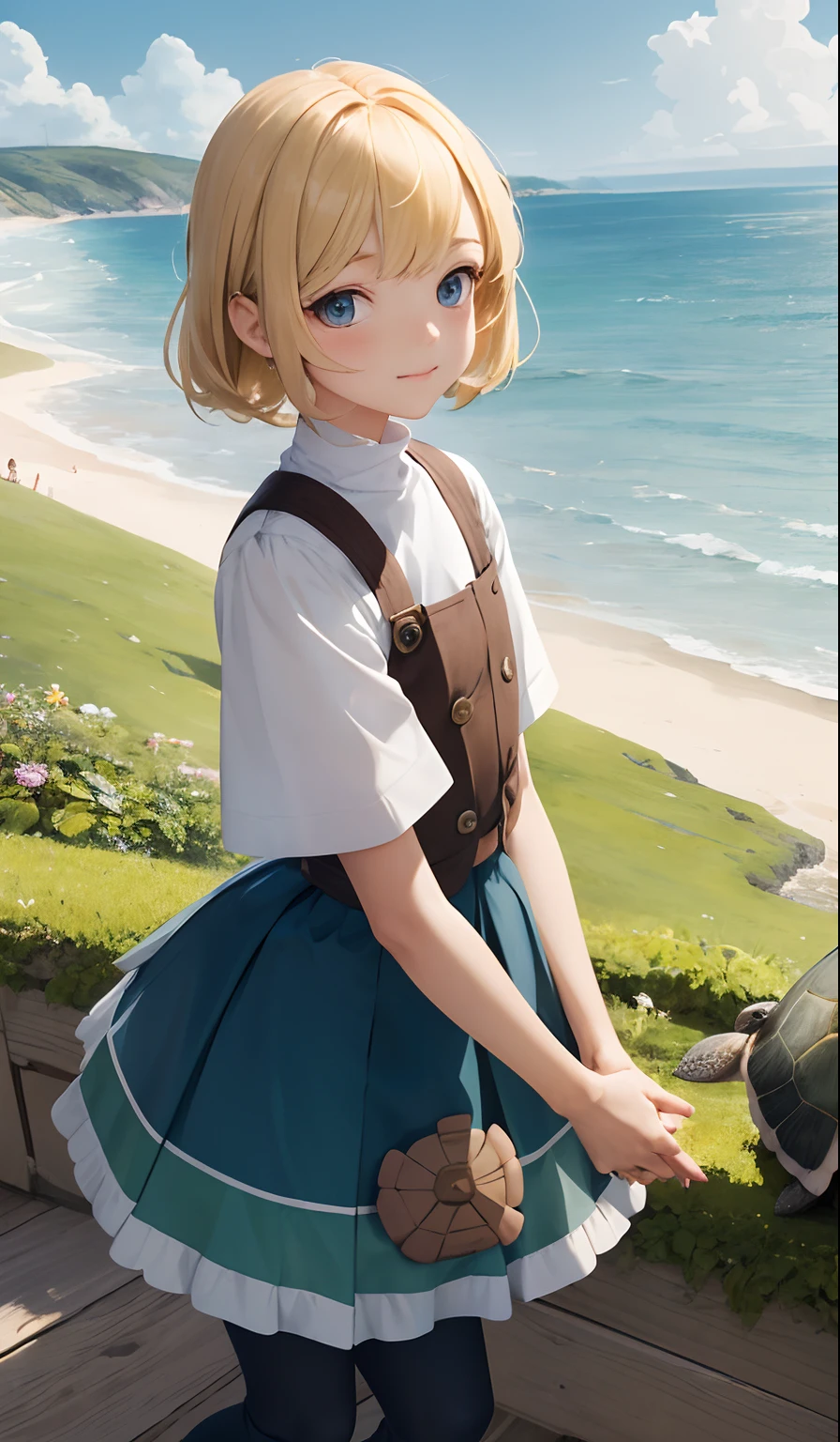 Background with(sea side),4K, High quality, Girl with a turtle,  ,{10years old girl},{tiny body},{shortsleeves,breeches} a blond,cute little,a beauty girl