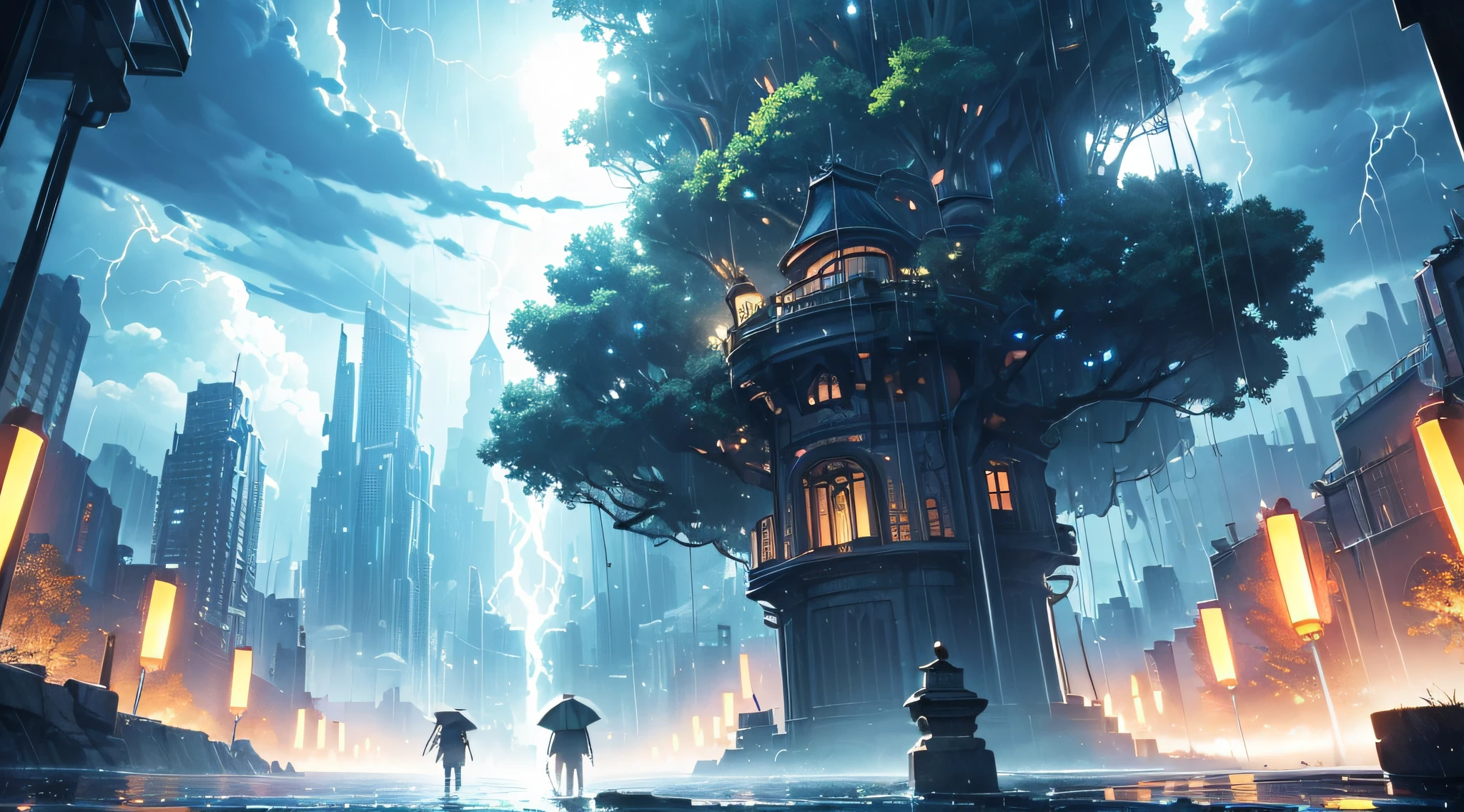 ​masterpiece、Background with((Fantastic Great Storm、Thunder plural、very heavy rain、dark、Sunshine after rain))、Depth((Near Future City))、Looking up