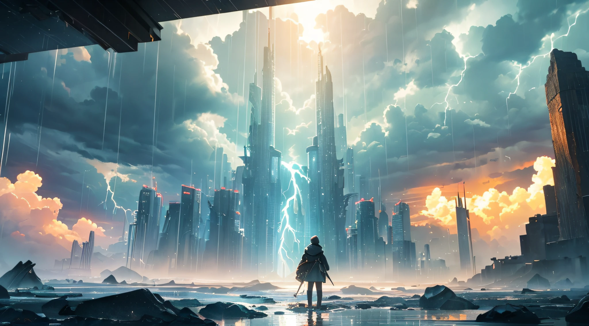 masterpiece、Background with((Fantastic Great Storm、Thunder plural、very heavy rain、dark、Sunshine after rain))、Depth((Near Future City))、Looking up