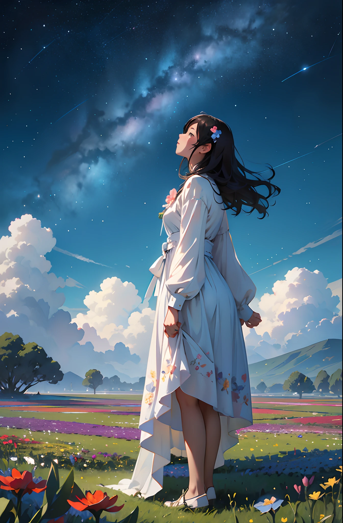 There is a girl standing in a flower field looking up at the sky, A girl standing in a flower field, A girl walks in a flower field, Get lost in a fantastic wonderland, standing in flower field, dreamlike digital painting, The sky is gradually clearing, The starry sky gradually receded