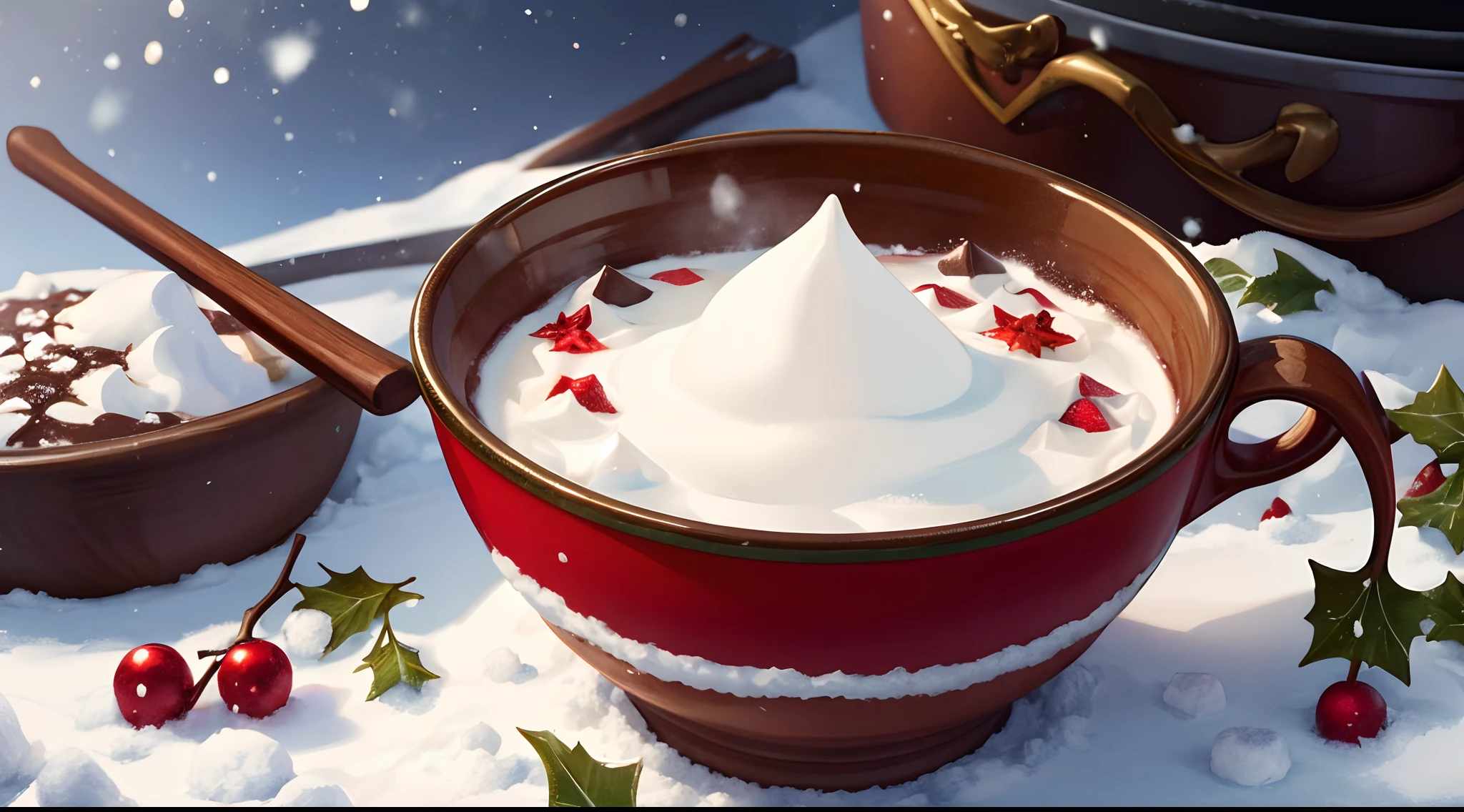 Watercolor clipart of a steaming mug of hot chocolate set against a snowy Christmas backdrop, marshmallows floating atop, holly leaves and berries adorning the handle, detailed flakes of snow gently falling, vivid colors capturing the warmth and festive atmosphere, high saturation, detailed texture of whipped cream, sense of coziness, seasonal charm, digital painting, ultra fine.