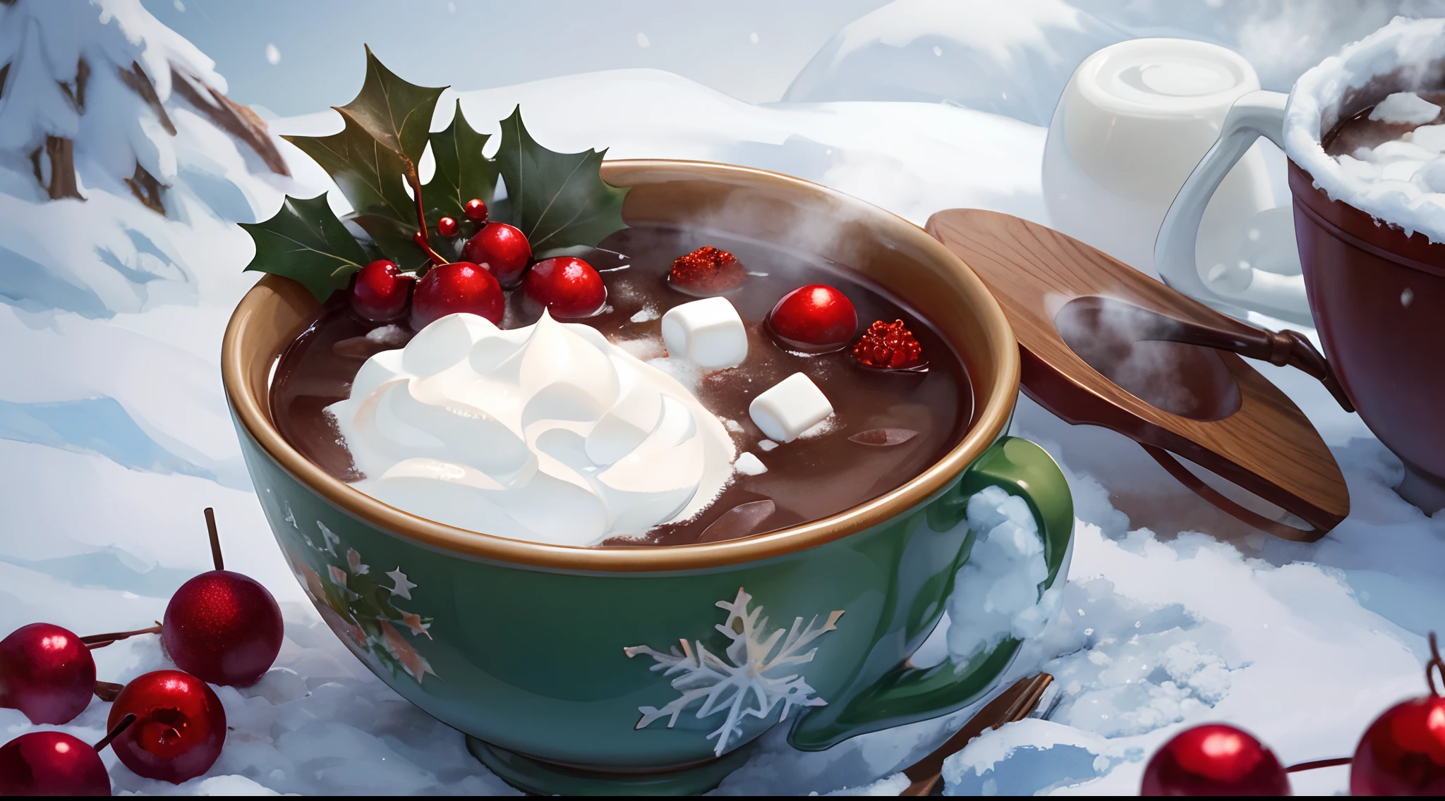 Watercolor clipart of a steaming mug of hot chocolate set against a snowy Christmas backdrop, marshmallows floating atop, holly leaves and berries adorning the handle, detailed flakes of snow gently falling, vivid colors capturing the warmth and festive atmosphere, high saturation, detailed texture of whipped cream, sense of coziness, seasonal charm, digital painting, ultra fine.