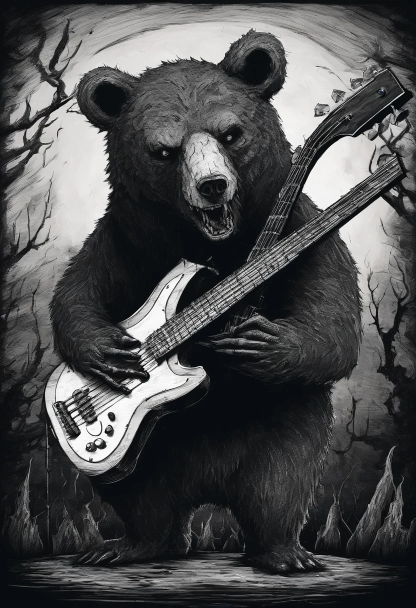 BEAR SCREAMING INK HOLDING A BASS GUITAR ILLUSTRATION TIM BURTON STYLE