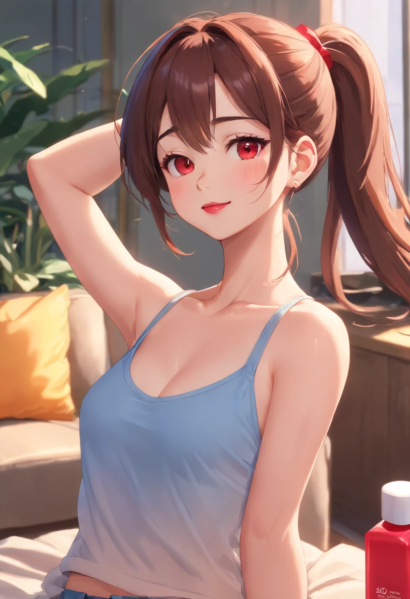 ((Raise your hands to show your armpits、Armpit、Armpit poses、detailed armpit、Detailed armpit wrinkles、Detailed skin、Detailed armpit skin、Realistic skin texture、Armpits with shiny skin as if oiled、Detailed armpit wrinkles、sixteen years old、Armpit odor、gazing at viewer、A slight smil、red lipsticks))、(A hyper-realistic), (illustratio), (high-detail), (8K), (high-detail), (Best and highest quality、8K、masterpiece:1.3))、1girl in、Beautiful woman with accentuated slender abs:1.3、(high-ponytail Hairstyle:1.2)、Oversized tank top:1.2、Super Detailed Face、A detailed eye、二重まぶた、hairarmpits、Wearing sweat、cleavage of the breast、Living room quality、8K、masterpiece:1.3))、1girl in、Beautiful woman with accentuated slender abs:1.3、(Random hairstyle:1.2)、Oversized tank top:1.2、Super Detailed Face、A detailed eye、二重まぶた、hairarmpits、Wearing sweat、cleavage of the breast、livingroom