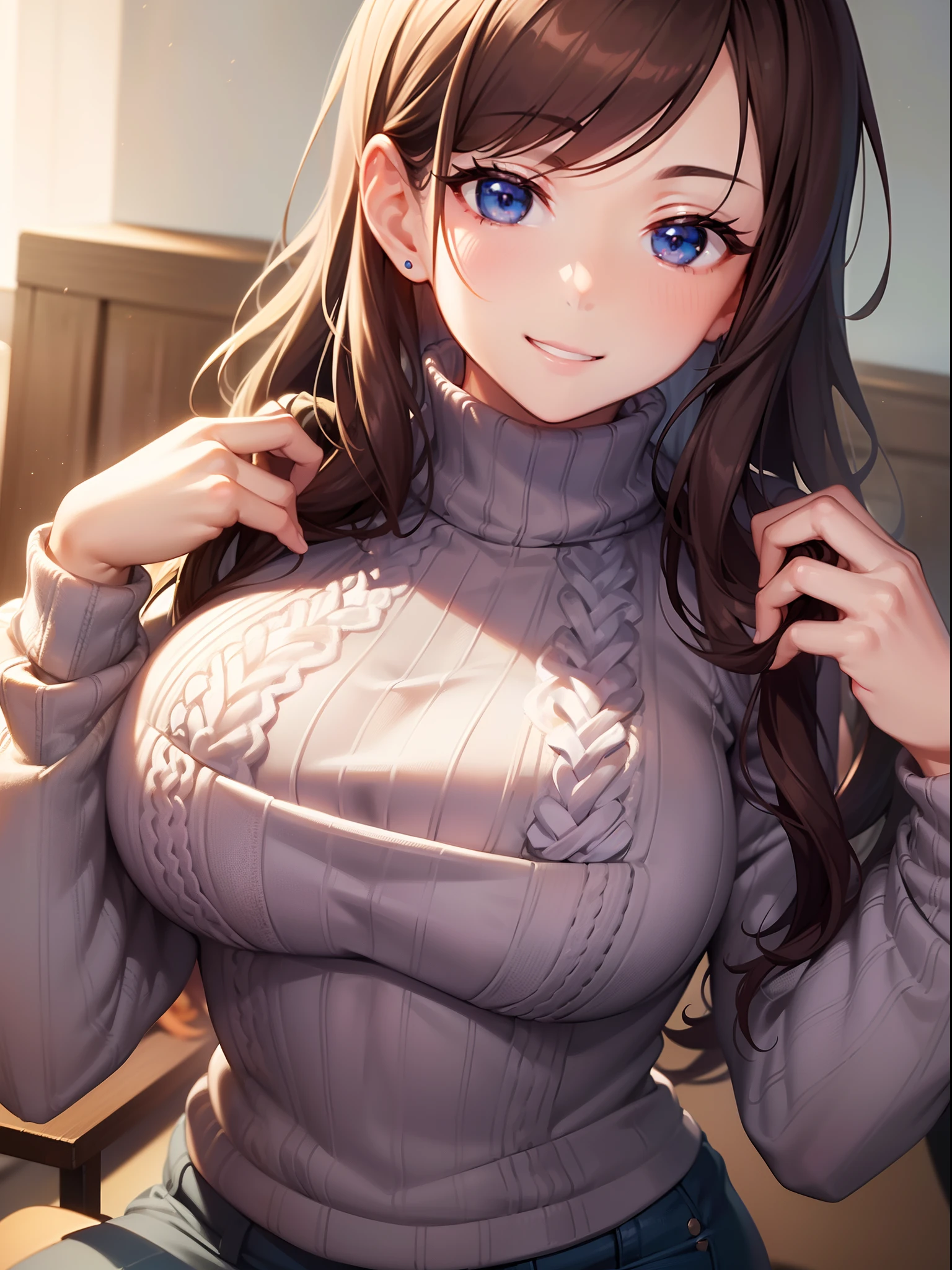 ((masuter piece)),((Finest quality)),(super precision),sharpnes,Clear,Detailed down to the smallest detail,Top quality anime,((1 adult female),Colossal tits:1.3.Beautiful knitted sweaters with detailed and detailed details,A smile