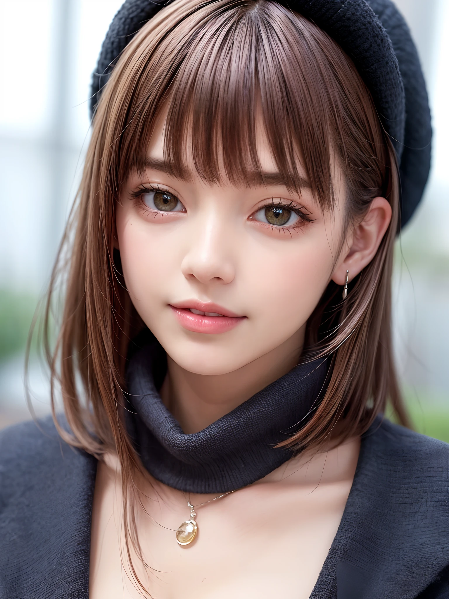 (masterpiece, top-quality、Very attractive adult beauty、Add intense highlights to the eyes、Look firmly at the camera),1girl in, 独奏, A dark-haired, scarf, Hats,, realisitic, looking at the viewers, black eyes of light color, shorth hair, coat, Winter clothes, White headscarf, s lips, lipgloss,bangss, The upper part of the body、big eye、Lashes)、((Road system in Italy))、((Shorthair with bangs、big eye、Put very strong highlights in your students、very Bigger breasts、gazing at viewer、Very beautiful beauty、Put your ears out、long neck、little smiling、Beautiful teeth、Open your mouth and smile))、28 year old、Very cute supermodel