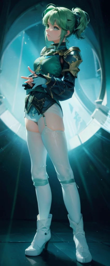 Beautiful paladin girl,Holding a shield,Extremely beautiful,High Balance, Natural light, Lace,green color,starrysky,Star decoration (Masterpiece, Highest quality),unreal-engine,Standing painting, angle of view,Tulle skirt,ssee-through,Over-the-knee black stockings