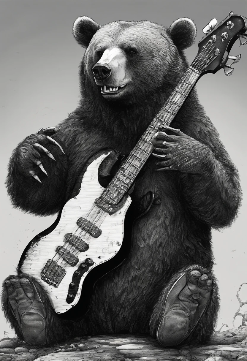 BEAR SCREAMING INK HOLDING A BASS GUITAR ILLUSTRATION TIM BURTON STYLE