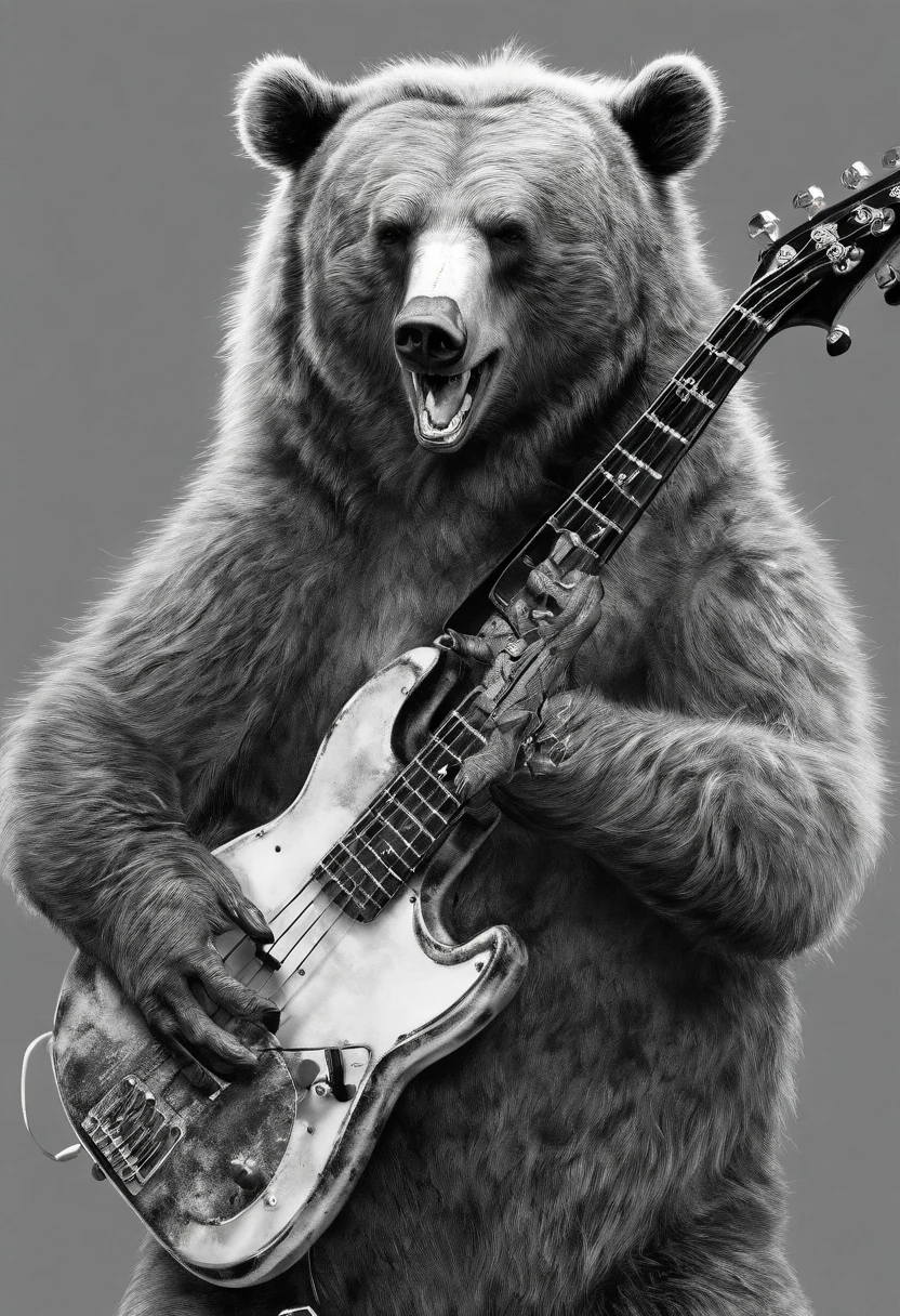 BEAR SCREAMING INK HOLDING A BASS GUITAR ILLUSTRATION TIM BURTON STYLE