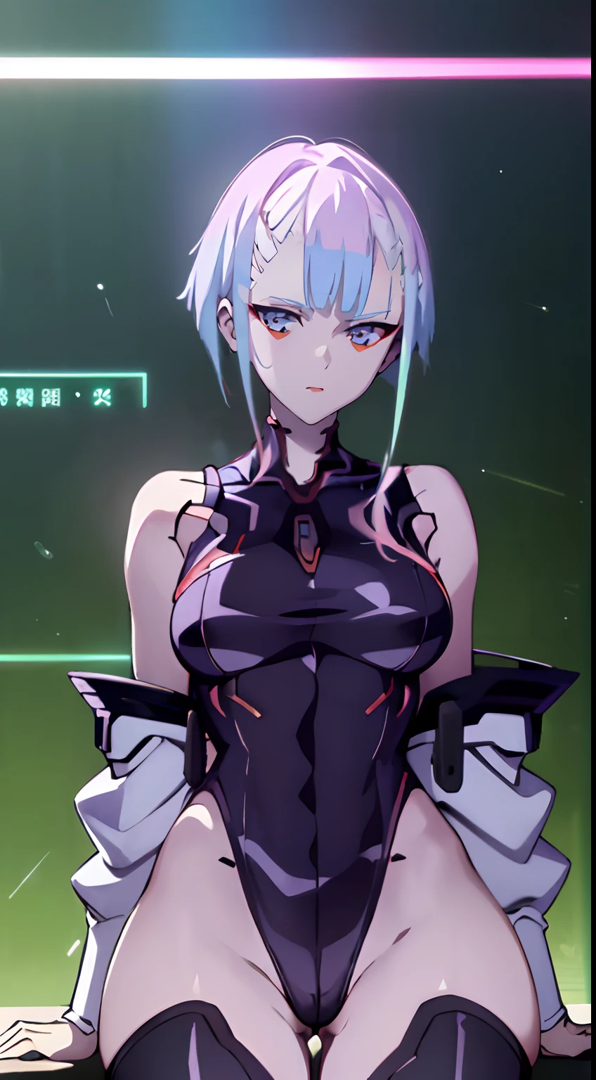 photo portrait, Sits, Sits, pulling your knees up to your chest, Beautiful figure, Lucy from the anime series Cyberpunk Edge Runner, a 1girl, facing the viewer, Beautiful figure (Proper Anatopy 1.1.), in full height (Body Full 1.1), Slim, Slender figure, Slender figure, shapely legs, Anime style, white colored hair, white colored hair, that disappear at the ends, Bob hairstyle, short white jacket, tight black suit, Cutouts on the shoulders, Cutouts on the chest, Neckline at the waist, Skinny black leather pants, Very detailed face, Very beautiful face, Very sexy ass, in full height (Body Full 1.1), Tall android girl, small elastic breasts, Little ass, Glitter Head Mask, Hair is gathered in a braid, Beautiful slim figure, small buttocks, A braid around the head, Round braid, Red Star in the Forehead, Short Brown Jacket, black tight suit, darkly,gris & Dark Style:1.1), Light, femininity,tmasterpiece,beste-Qualit,higly detailed,Visible to the feet, 8K resolution, High Sharp, 8K resolution, higly detailed, 8K UHD, Professional lighting, Photon mapping,physical based rendering, a perfect face, detailed face and body, ray traced, expressive look, Cinmatic Lighting,elastic small breasts, Heightened sexuality,