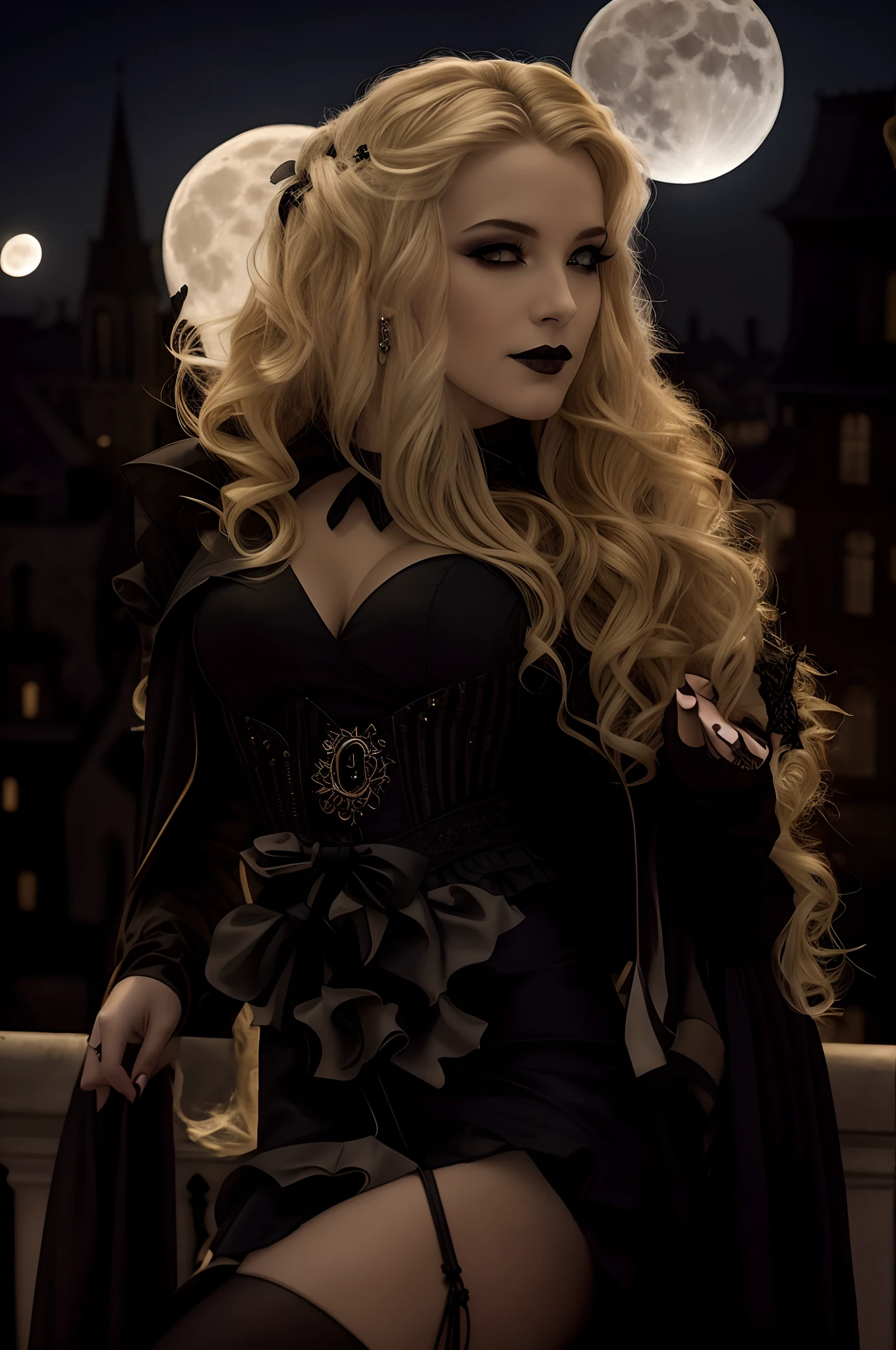 blond woman in black dress posing on balcony with full moon in background, gothic city streets behind her, seductive cyberpunk dark fantasy, dark dress, gothic maiden, beautiful vampire queen, beautiful necromancer girl, inspired by Hedi Xandt, beautiful vampire female queen, gothic maiden of the dark, wearing a gothic dress, gothic fantasy, gothic atmosphere