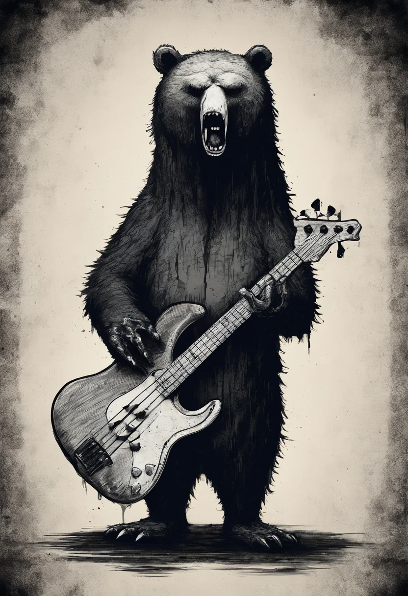 BEAR SCREAMING INK HOLDING A BASS GUITAR ILLUSTRATION TIM BURTON STYLE