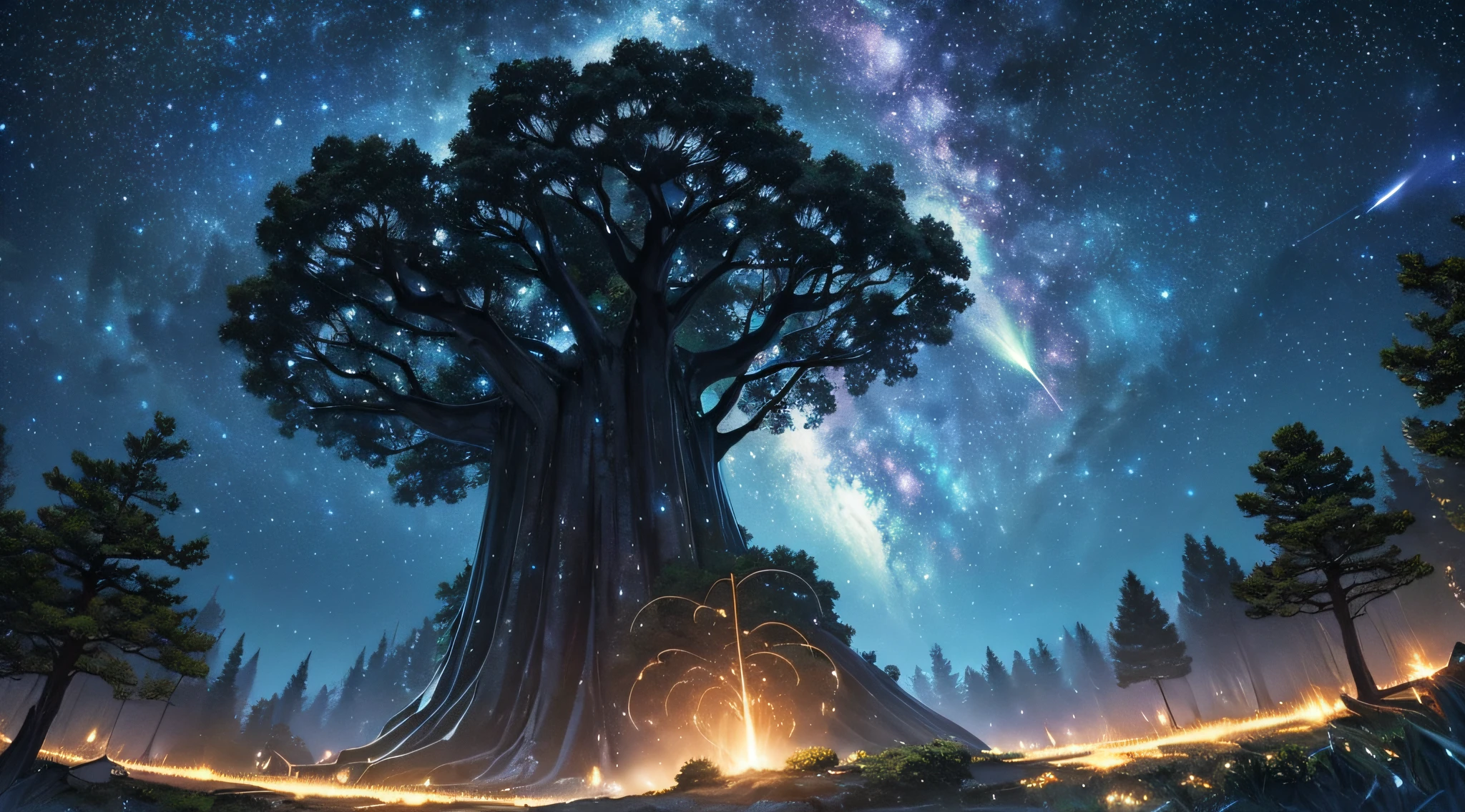 ​masterpiece、Background with((Fantastic starry sky、meteors、black hole))、Depth((Huge fantastic tree、Luminescent vegetation))、Looking up