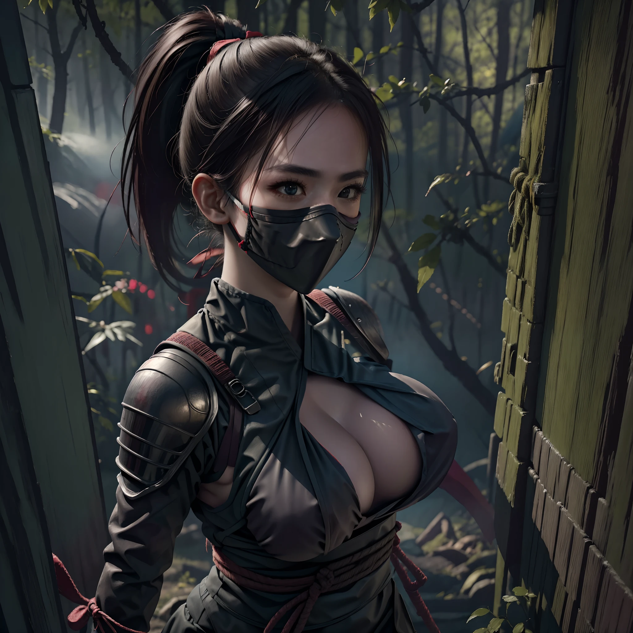 8K raw photo, Best quality, masterpiece, ultra high res, 1girl, sexy, ultra huge breast, (ninja, mask:1.1, armor, ninja clothes, open chest, holding katana), high ponytail, detailed face, in abandoned Japanese castle,